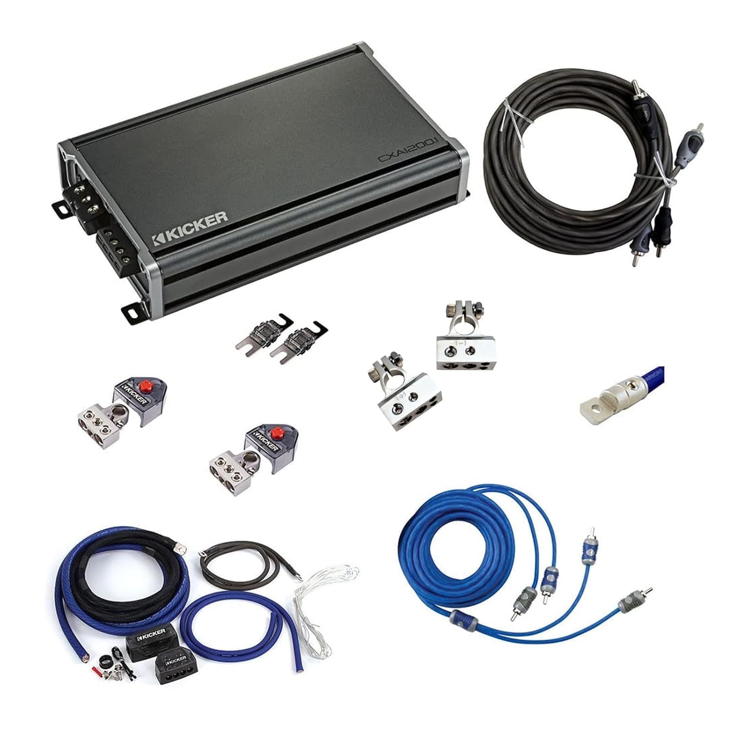 Kicker 44KXA12001 Car Audio Sub Amp KXA1200.1 & 1/0 GA Amplifier Accessory Kit Bundle