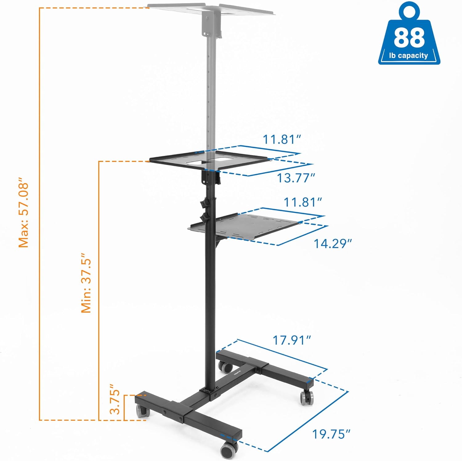 Mount-It! Mobile Projector and Laptop Stand (2 Shelves), Rolling Cart with Ventilated Tray, Heavy Duty, Height Adjustable Laptop and Projector Presentation Trolley, Black