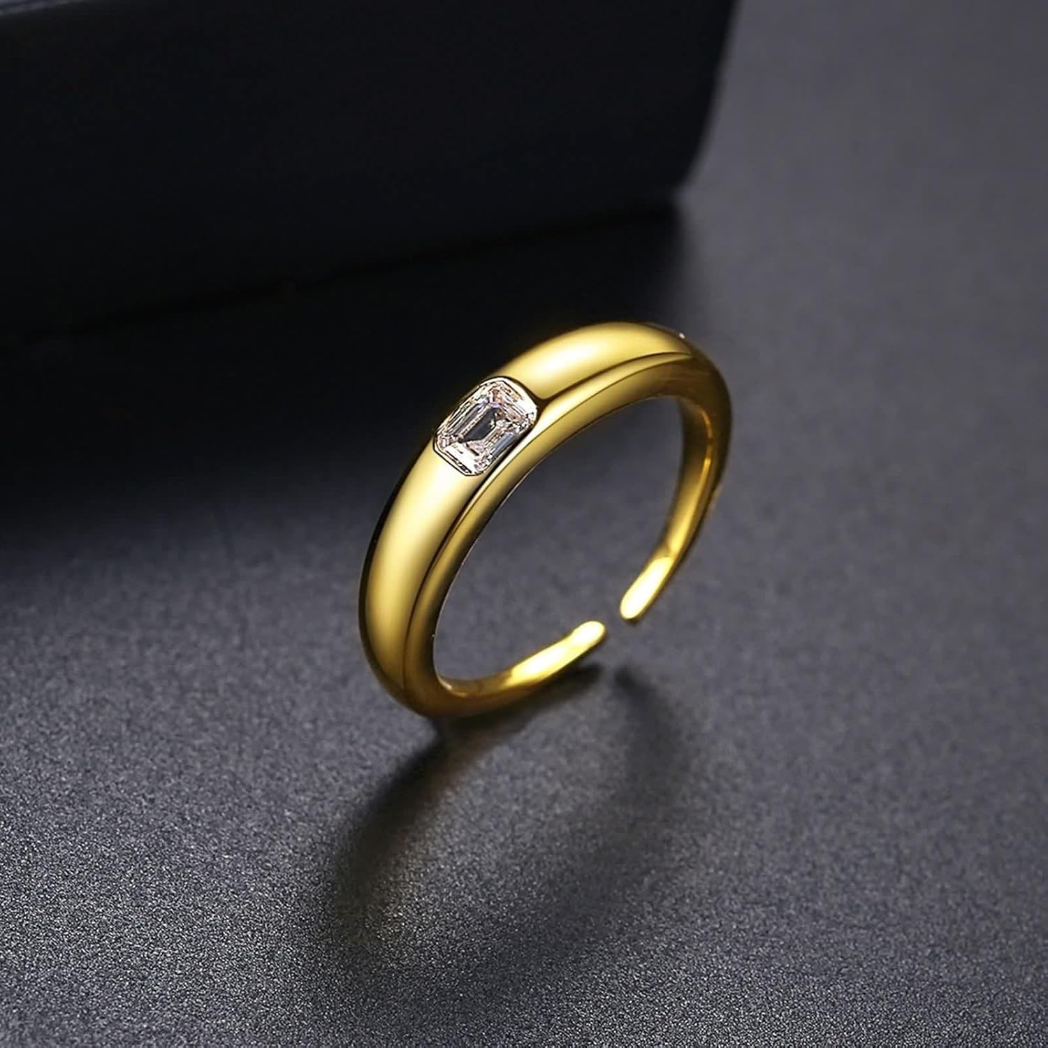 18K Yellow Gold Rings, Women Ring Lab Diamond Rectangle Gold Statement Band Gift for Wife