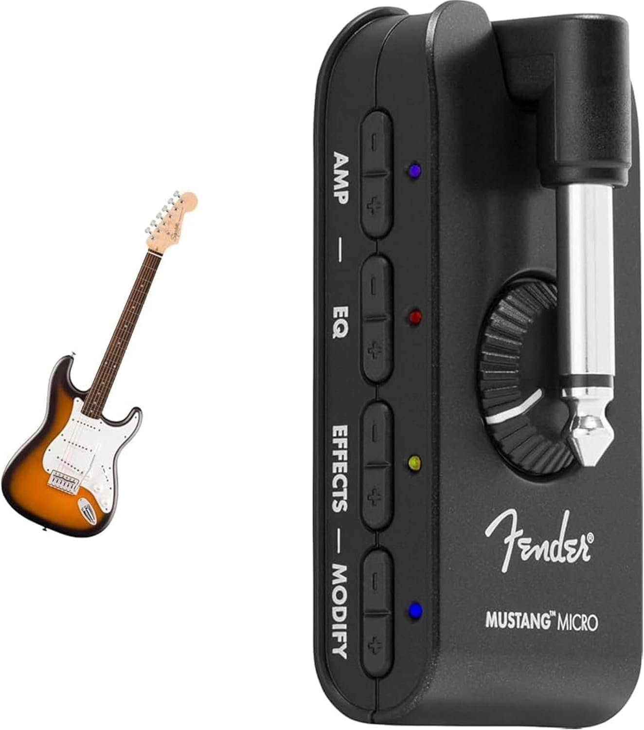 Fender Squier Debut Series Stratocaster Electric Guitar, Beginner Guitar, 2-Color Sunburst with Matte Finish + Fender Mustang Micro Headphone Amplifier