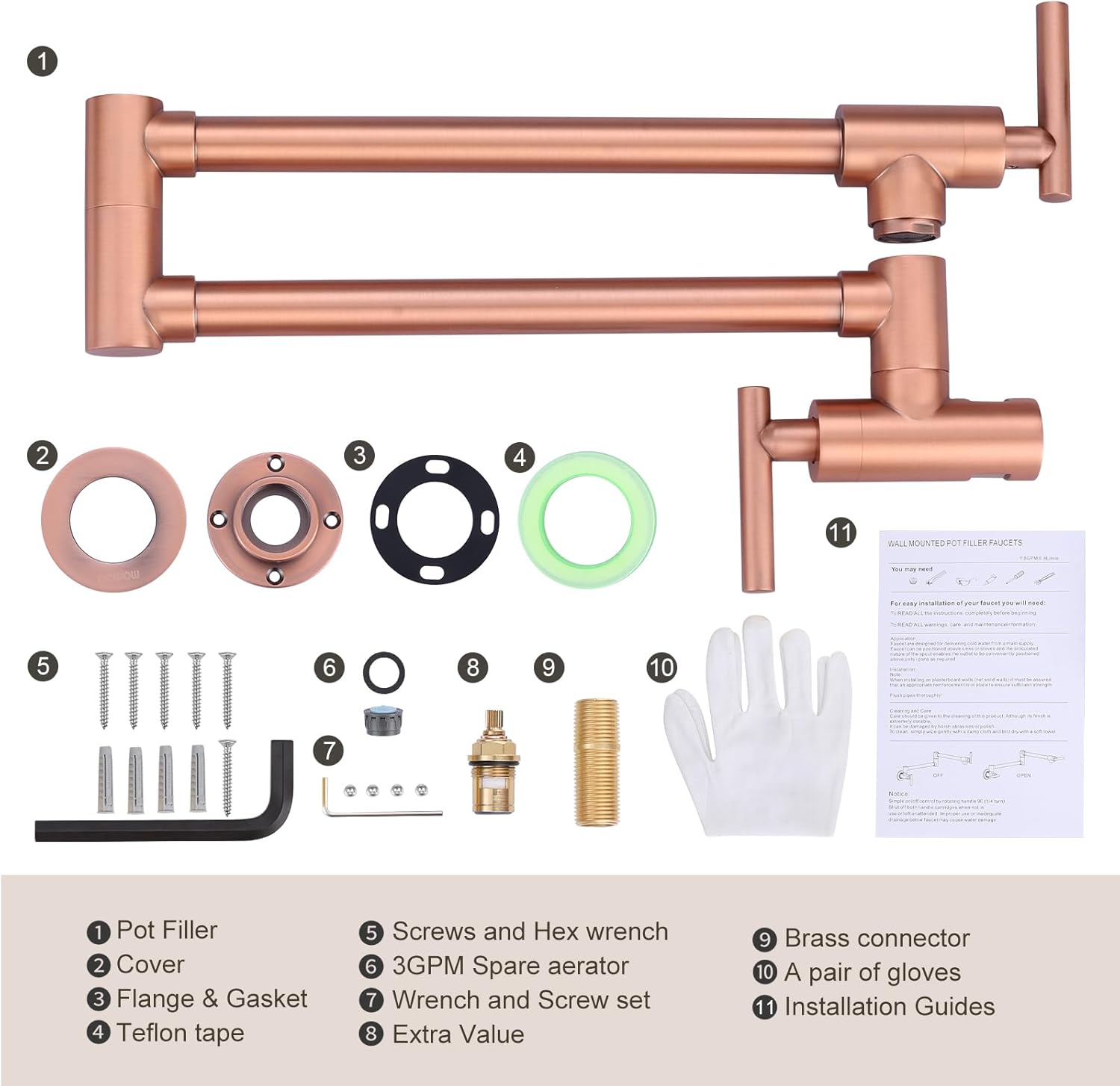 WOWOW Pot Filler Faucet Copper, Brass Pot Filler Wall Mount Kitchen Stove Faucet with Double Joint Swing Arms