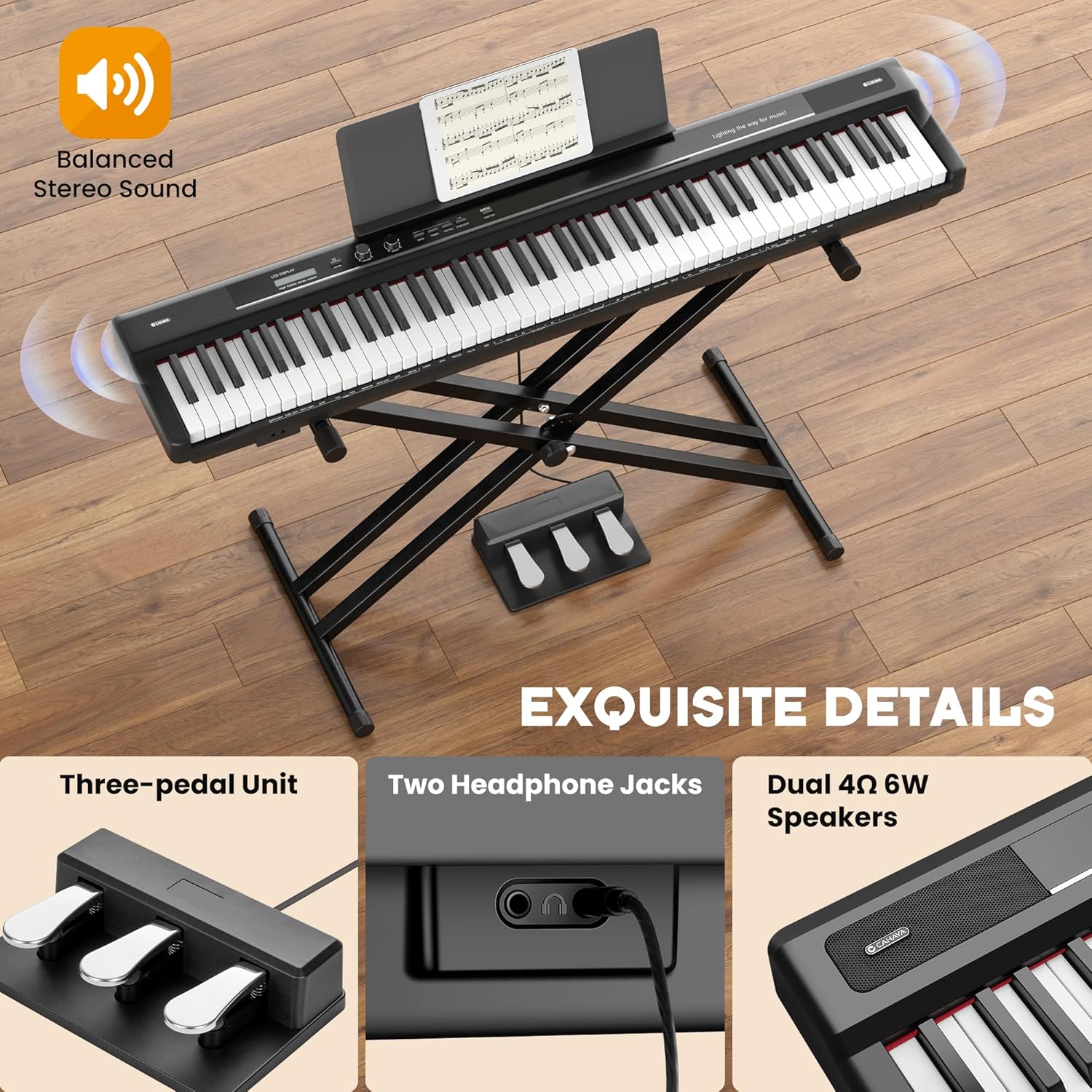 CAHAYA 88-Key Digital Piano Keyboard - Semi Weighted Electric Piano for Beginners with Double X-shaped Stand 3 Pedals and a Sheet Music Holder