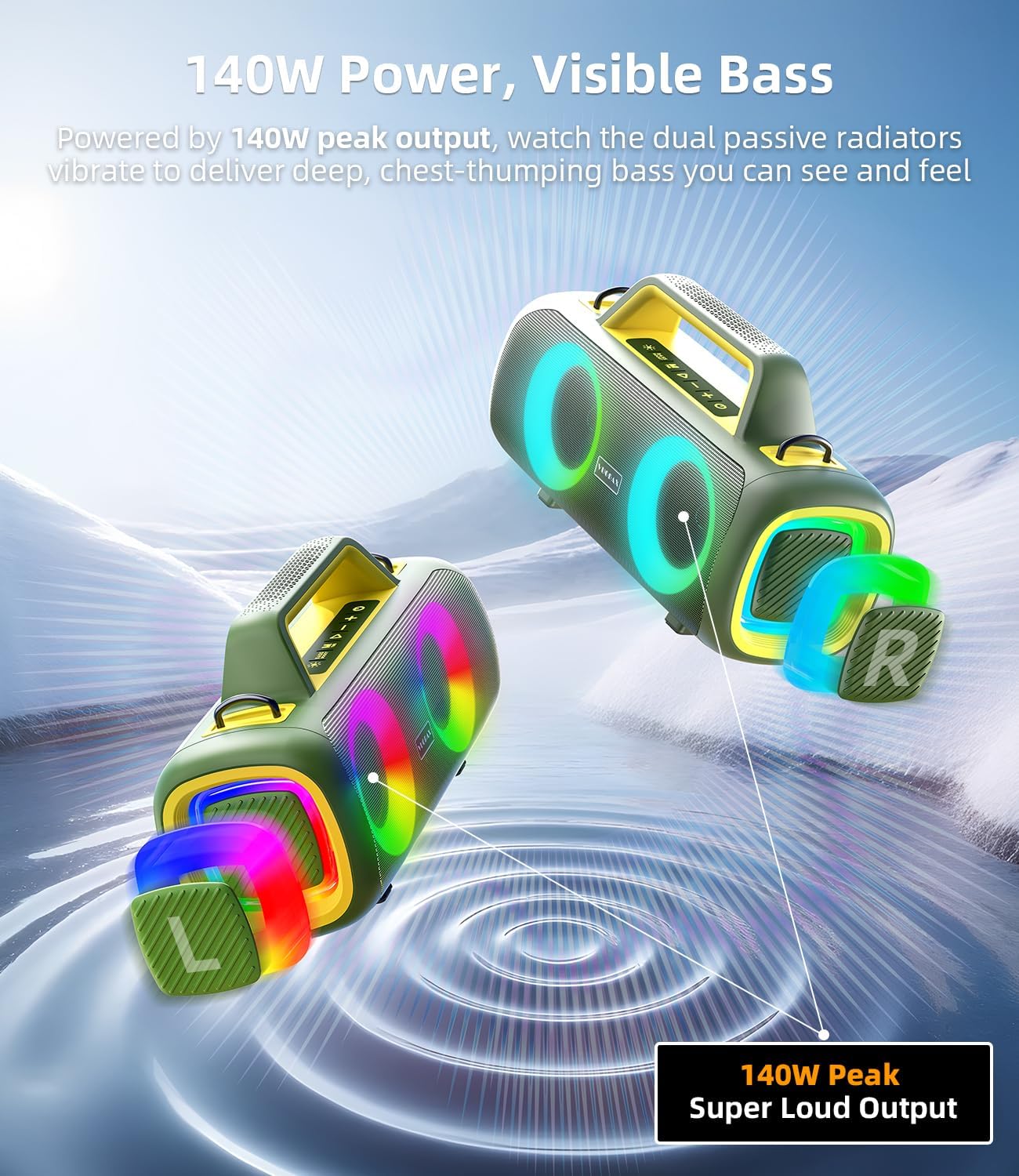 Portable Bluetooth Speaker Wireless,140W Peak Loud Sound with 2 Subwoofers and 2 Tweeters, Plus Bass Boost, IP65 Waterproof Outdoor Speaker, 24H Playtime, RGB Lights, TF/AUX/USB/Mic Input, Large Party