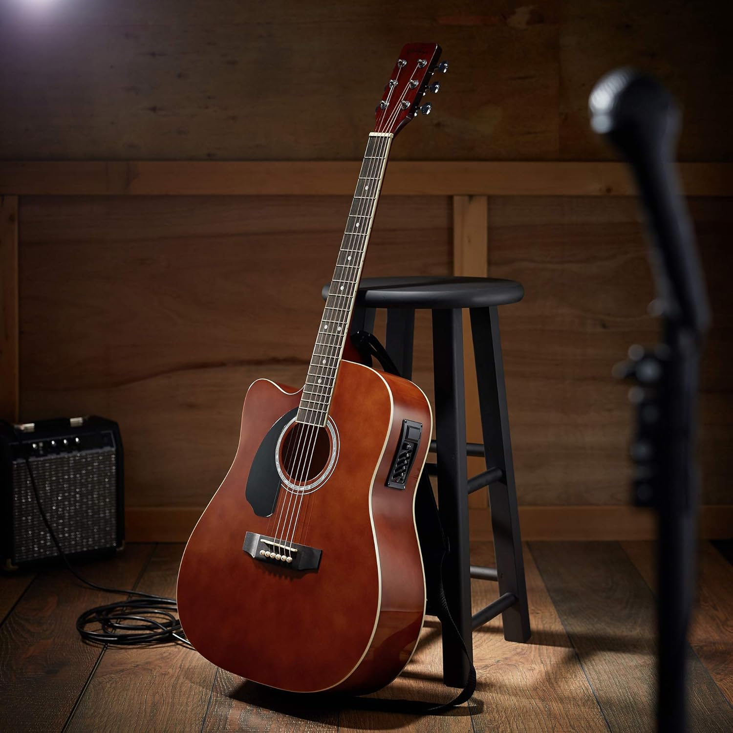 Ashthorpe Full-Size Left-Handed Dreadnought Cutaway Acoustic-Electric Guitar Bundle - Premium Tonewoods - Brown