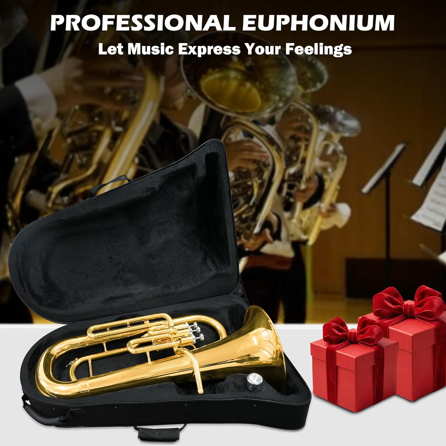 Bb Brass Euphonium - Professional & Intermediate 3 Valve Bb Key Instrument - Gold Lacquer Finish with Stainless Steel Pistons - Includes Hard Case, Mouthpiece, Gloves, Polishing Cloth