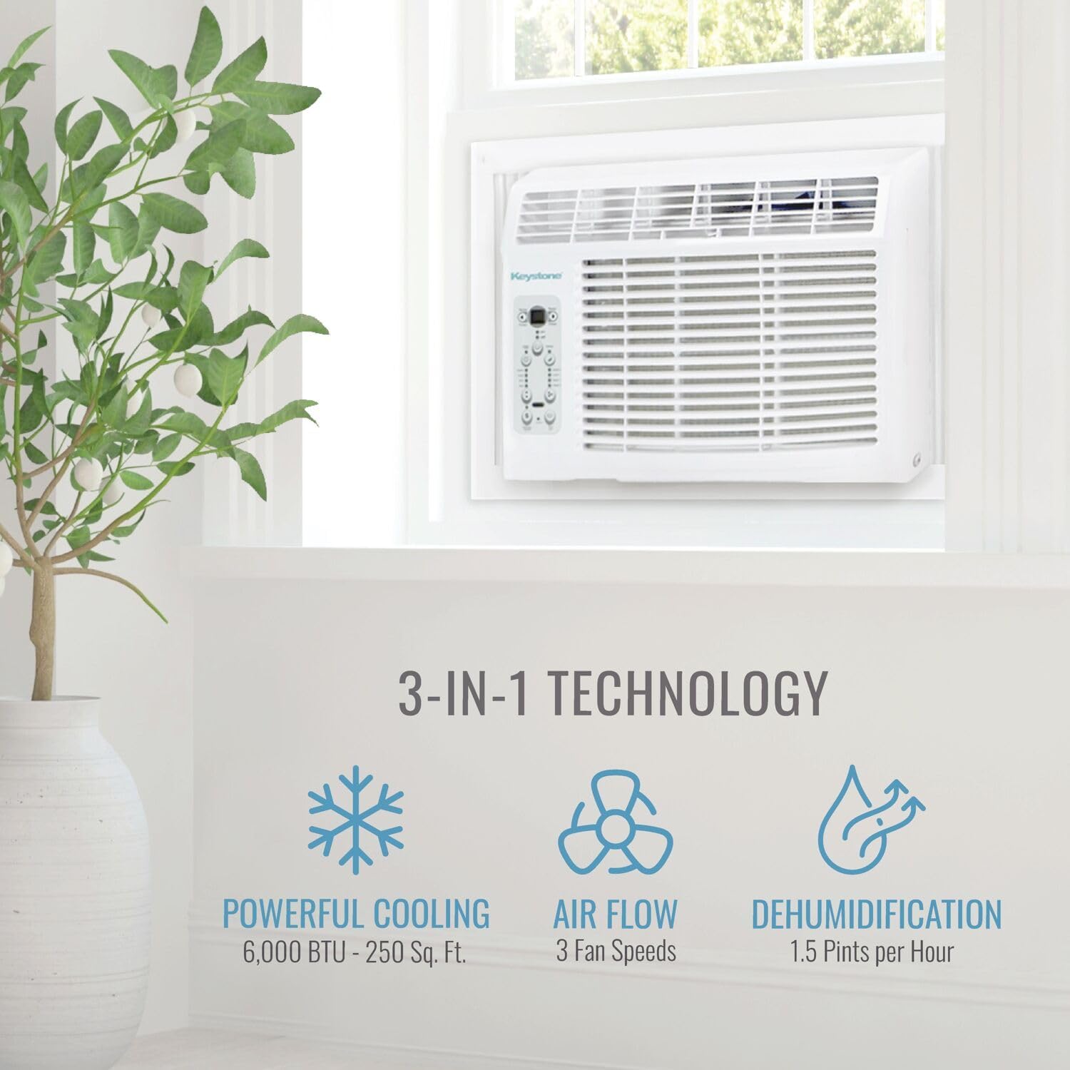 Keystone 6,000 BTU Window Mounted Air Conditioner & Dehumidifier, 115V, Air Conditioner for Rooms up to 250 Sq.Ft. with Smart Remote Control