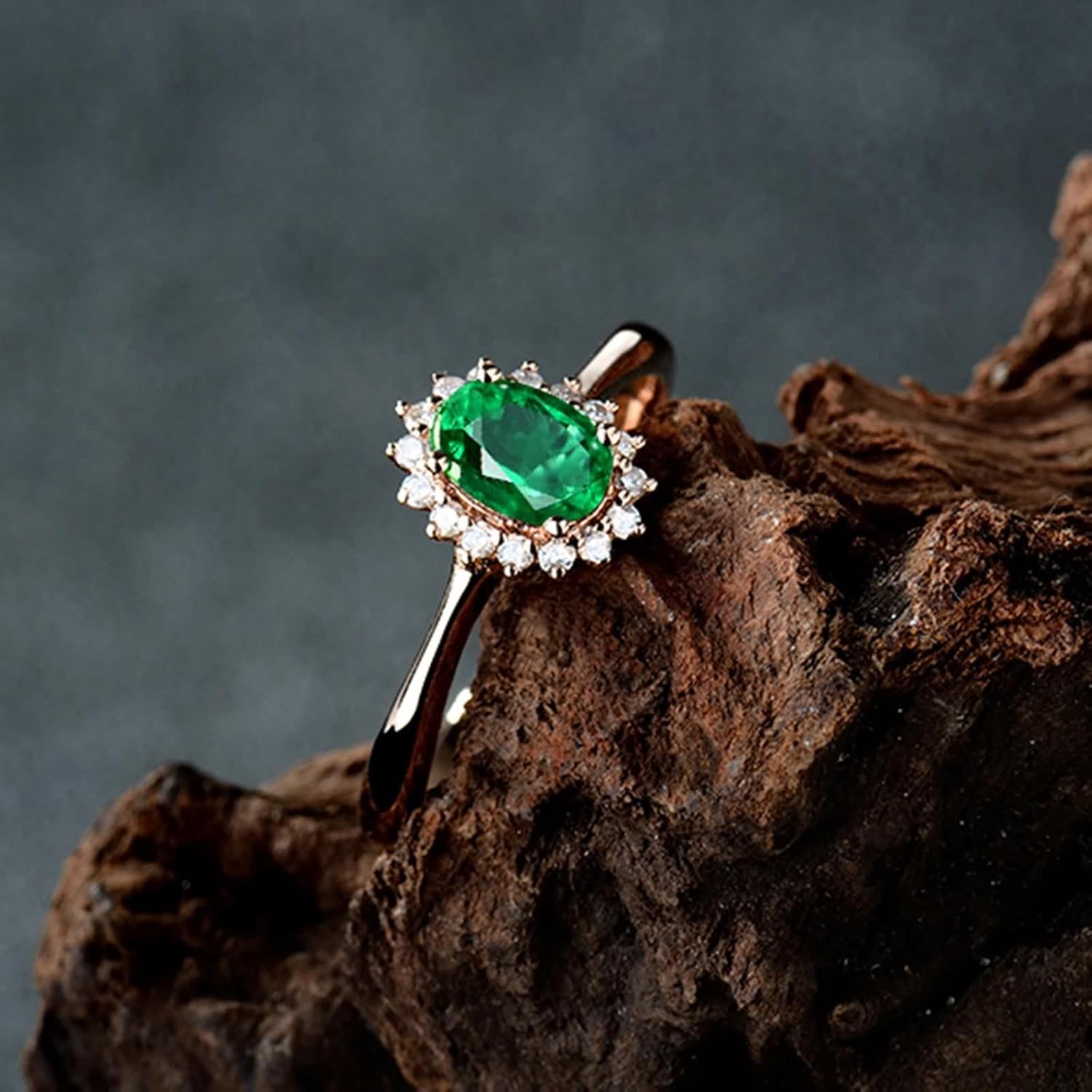 Flower Ring Mom, Vintage Wedding Rings for Women 18K White Gold/18K Rose Gold Oval Emerald for Wife