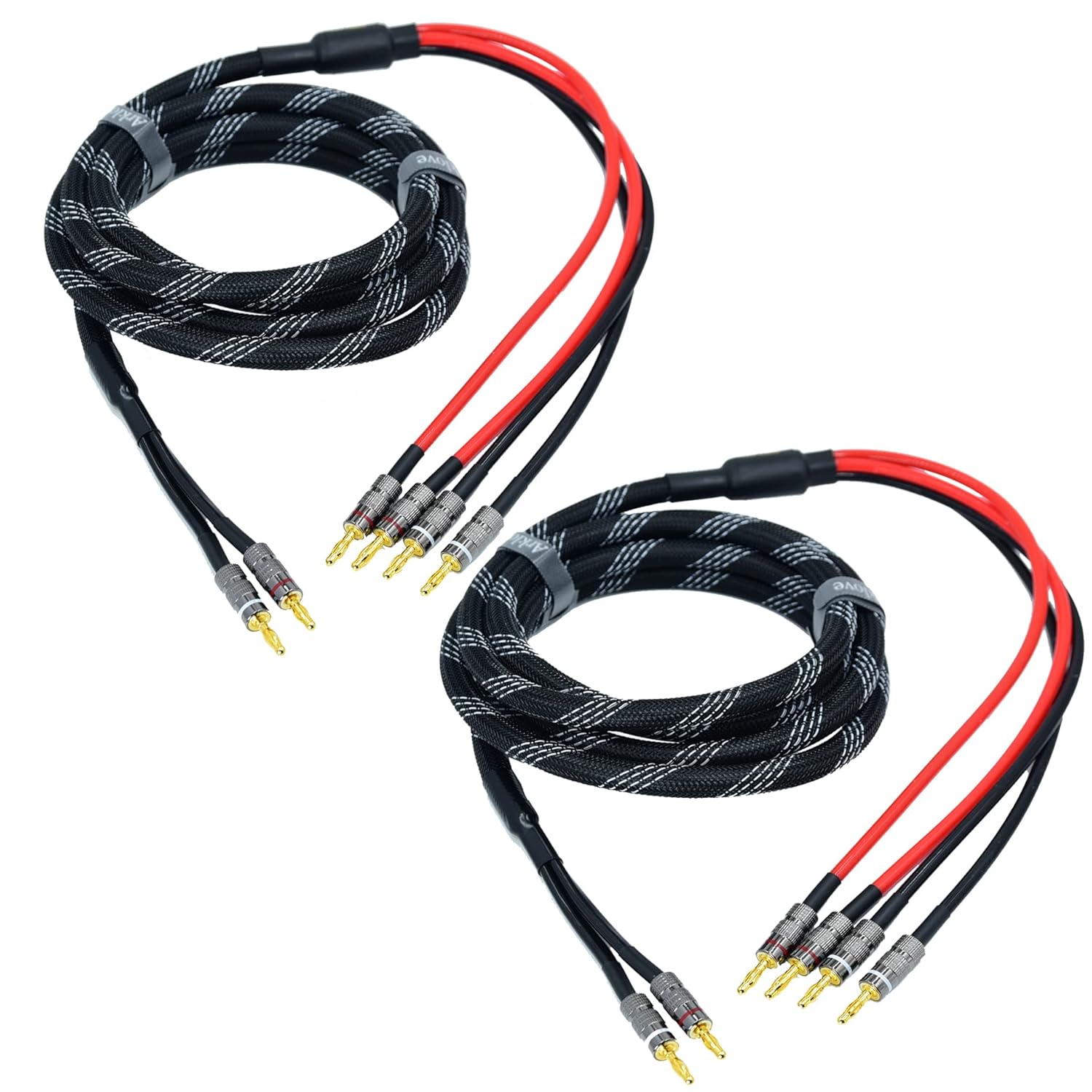 Arklove 30ft 2packs 13awg Speaker Cable Premium Heavy Duty Braided Wire Dual Banana 2 Plug to 4 Banana Male Plugs Frequency Division 2 Banana Plugs - 4 Banana Plugs 1pair