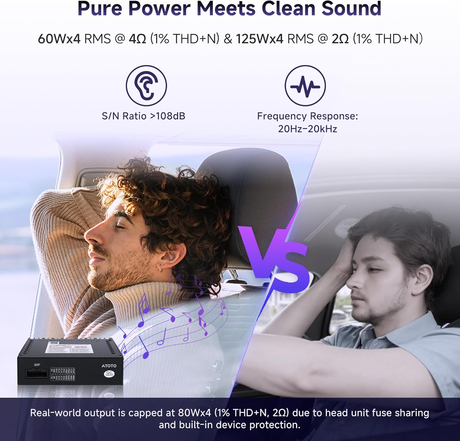 CA-AEC122DL Compact Car Amplifier with 6.5ft/2m Power Cable, Class D, TI TPA3221, 4-Channel, RMS 4x60W, Customizable EQ, Compatible with Select ATOTOZONE Car Stereos