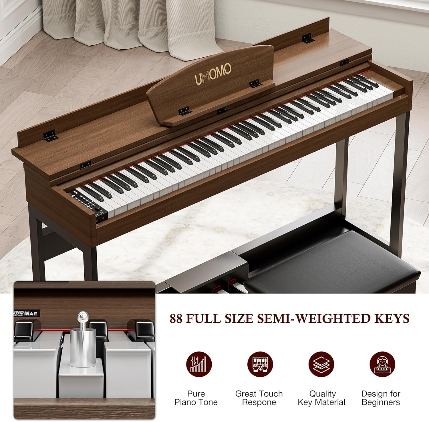 UMOMO 88 Key Digital Piano Keyboard with Piano Metal Stand, Full Size Electric Piano, Headphone Jack, 3 Pedal, Electronic Piano for Beginner, Adults, Walnut