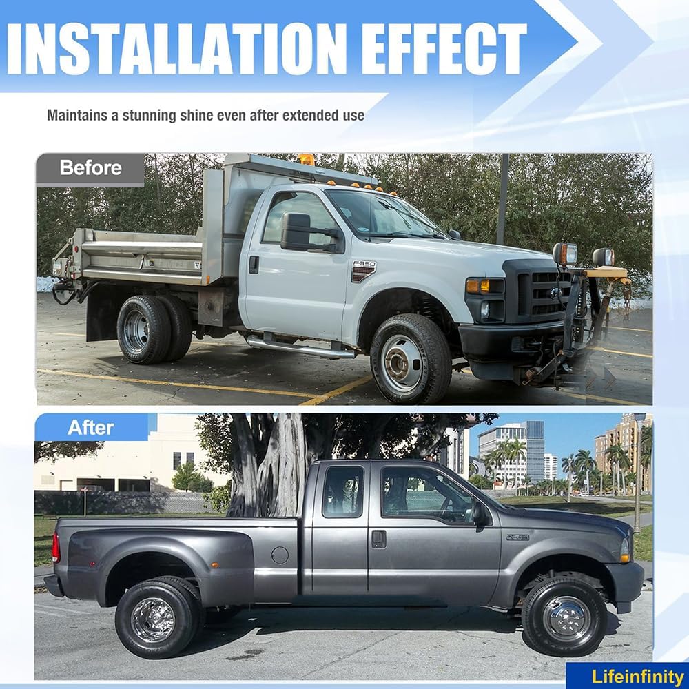 4pcs 17 inches Polished Dually Wheel Simulators, Bolt On 304L Stainless Steel Wheel Cover, Screw on 8 Lug 4 Hand Hole Hubcaps Fit for 2005-2024 Ford F350 2WD/4WD w/Tool Kit 708A