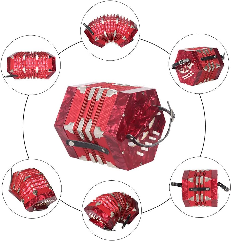 Accordion Acordeon Concertina Acordion Accordion Instrument Anglo-style concertina accordion 20-Button 40-Reed Anglo Style with Carrying Bag Leather Hand Strap Red Pine Red