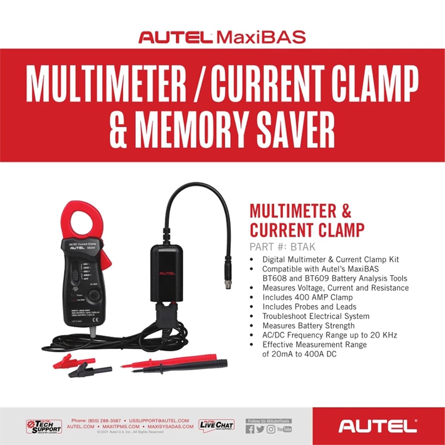 Autel Battery Tester Accessory Kit Autel BTAK Include Digital Multimeter and Current Clamp Compatible with MaxiBAS BT608/BT609 Battery Analysis Tools Measures Voltage Current and Resistance