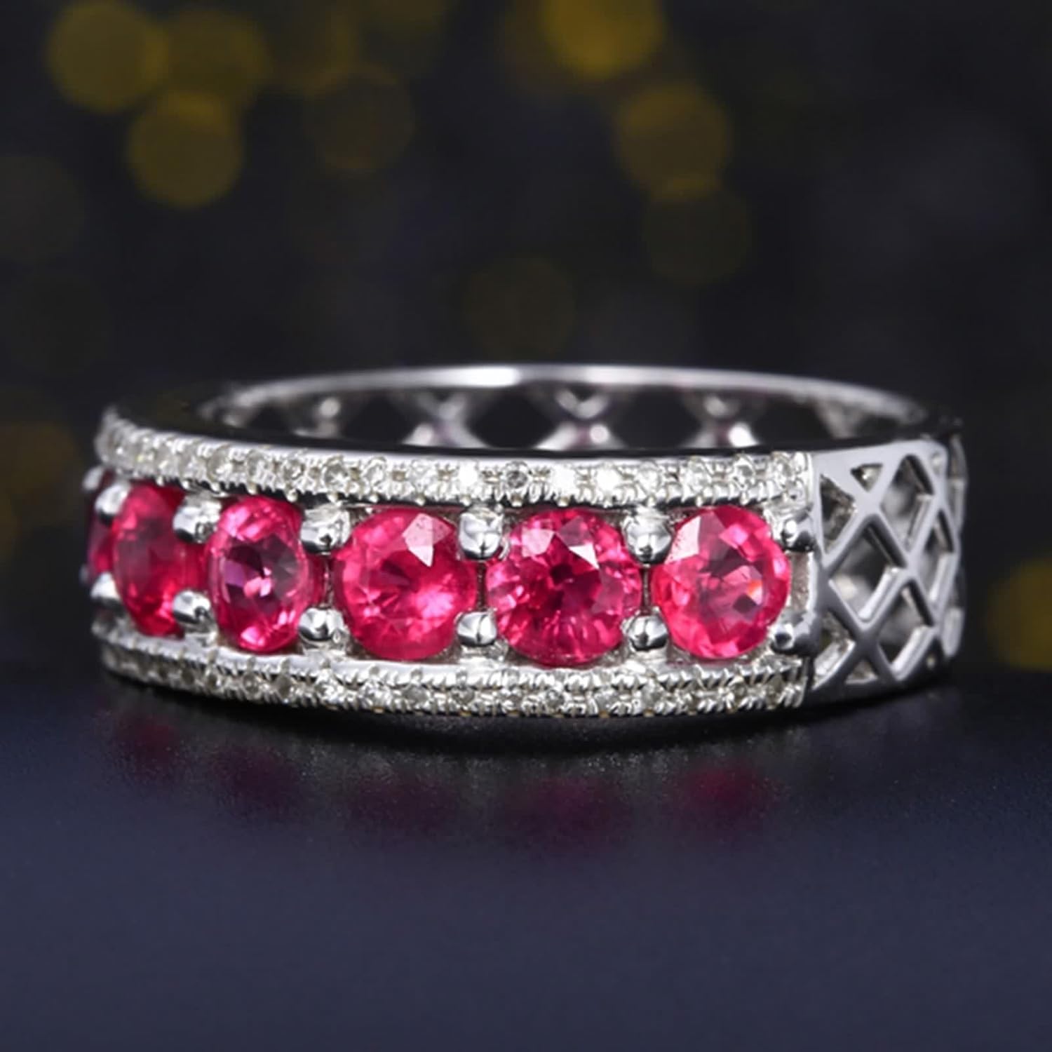 18K White Gold Ring Wedding Band, Women's Rings Lab Created Ruby Drill Row White Gold Jewelry with Moissanite for Engagement