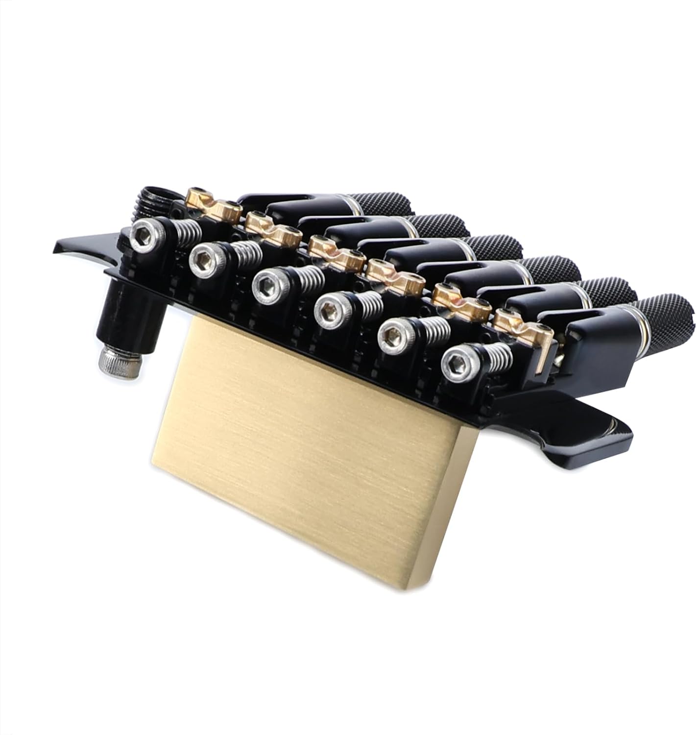 10.5mm Headless Electric Guitar Bridge Brass Block Saddle Hardened Steel Plate 2 point tremolo bridge for Fanned-fret 6 String Headless Electric Guitar Replacement parts （All Black）