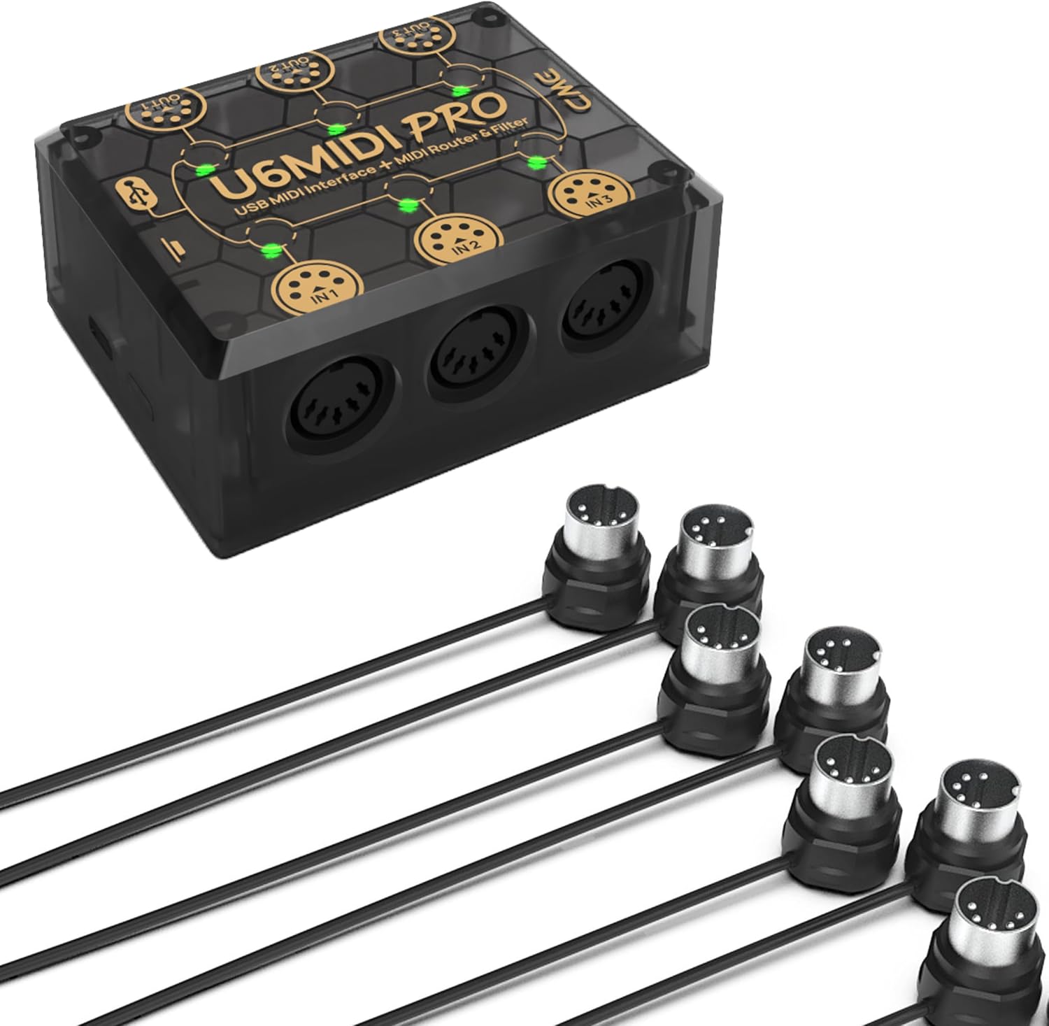 CME U6MIDI Pro + 4-Pack 3-FT MIDI Cables - MIDI Interface with Router, Mapper and Filter + 4-Pack 5-pin DIN Low-Profile MIDI cables