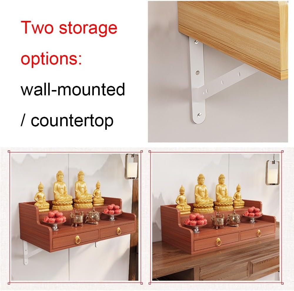 Space-Saving Stepped Buddha Altar Shelf Wall-Mounted/Countertop Sacred Shelf for Buddha Statues & Offerings Wall Cabinet Buddha Cabinet Niche with Drawer(Teak,11.8in)