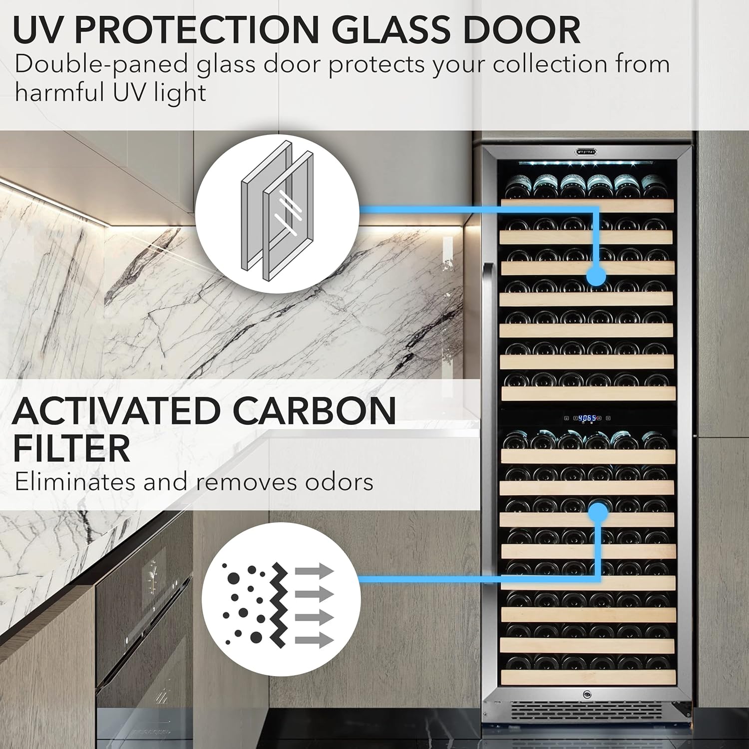 Whynter BWR-1642DZa 164 Bottle Built-in Stainless Steel Dual Zone Compressor Wine Refrigerator Rack and LED Display, Dark Grey