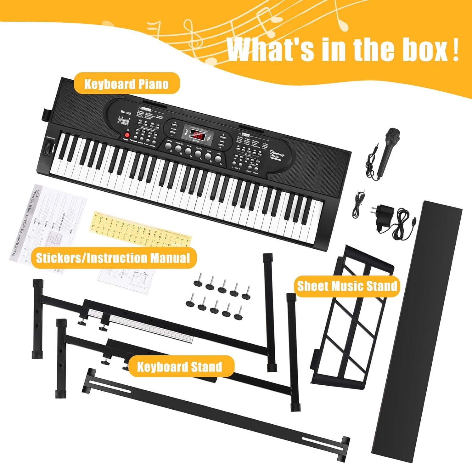 61 Key Keyboard Piano with Stand, Portable Electric Piano Keyboard Kit for Beginners with Stand, Microphone,Note Stickers, Music Rest, Digital Music Keyboard Built-In Speakers