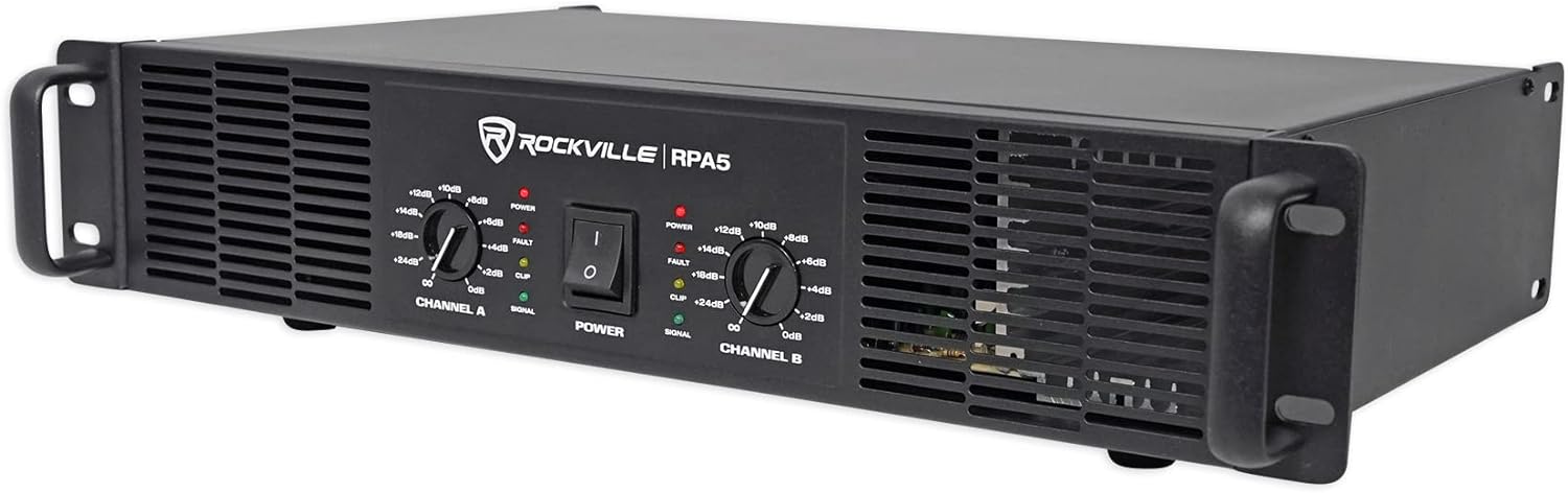 Rockville RPA5 2-Channel Power Amplifier, 200W RMS @ 4 Ohm, 1000W Peak, Stereo/Mono Switch, Built-in Crossover, for DJs, Live Sound, and Pro Audio