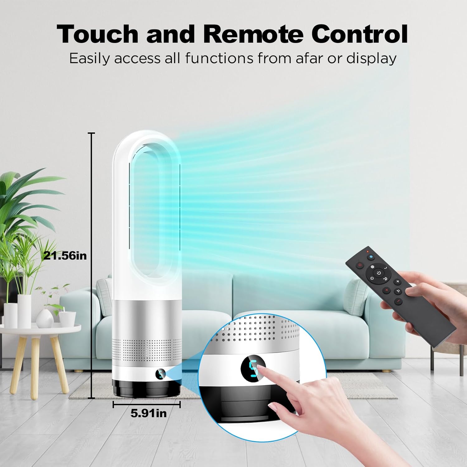 Bladeless Tower Fan, 1400W Space Heater & 40W Cooler Fan Combo with Remote, 80°Oscillation, 8 Speeds and 3 Heating Modes, 9H Timer, LED Display, Fast Safety Heat and Quiet for Bedroom, Kitchen, Office