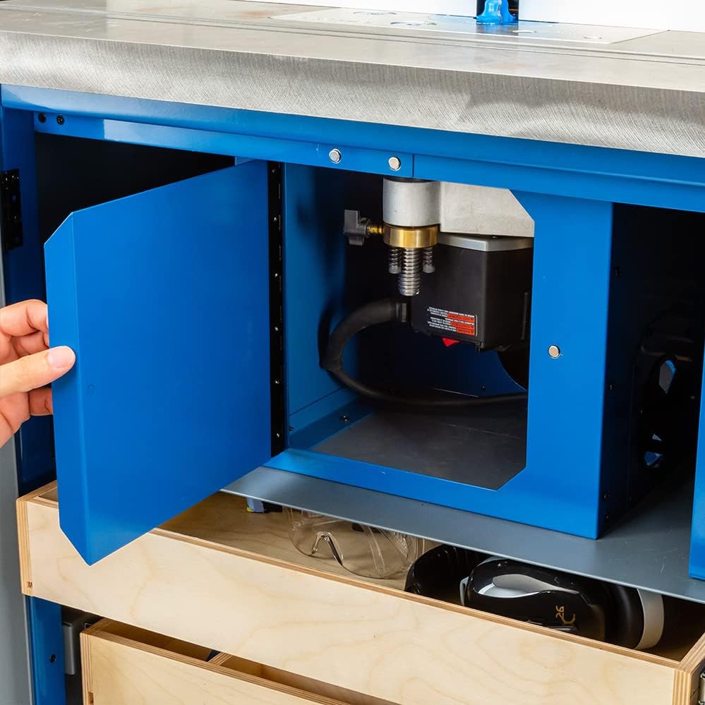 Steel Router Table Cabinet w/Router Dust Collection Box, Swivel Casters, Dual Dust Port & More - Steel Cabinet Holds Router Accessories, Bits, & More - Woodworking Tool Storage