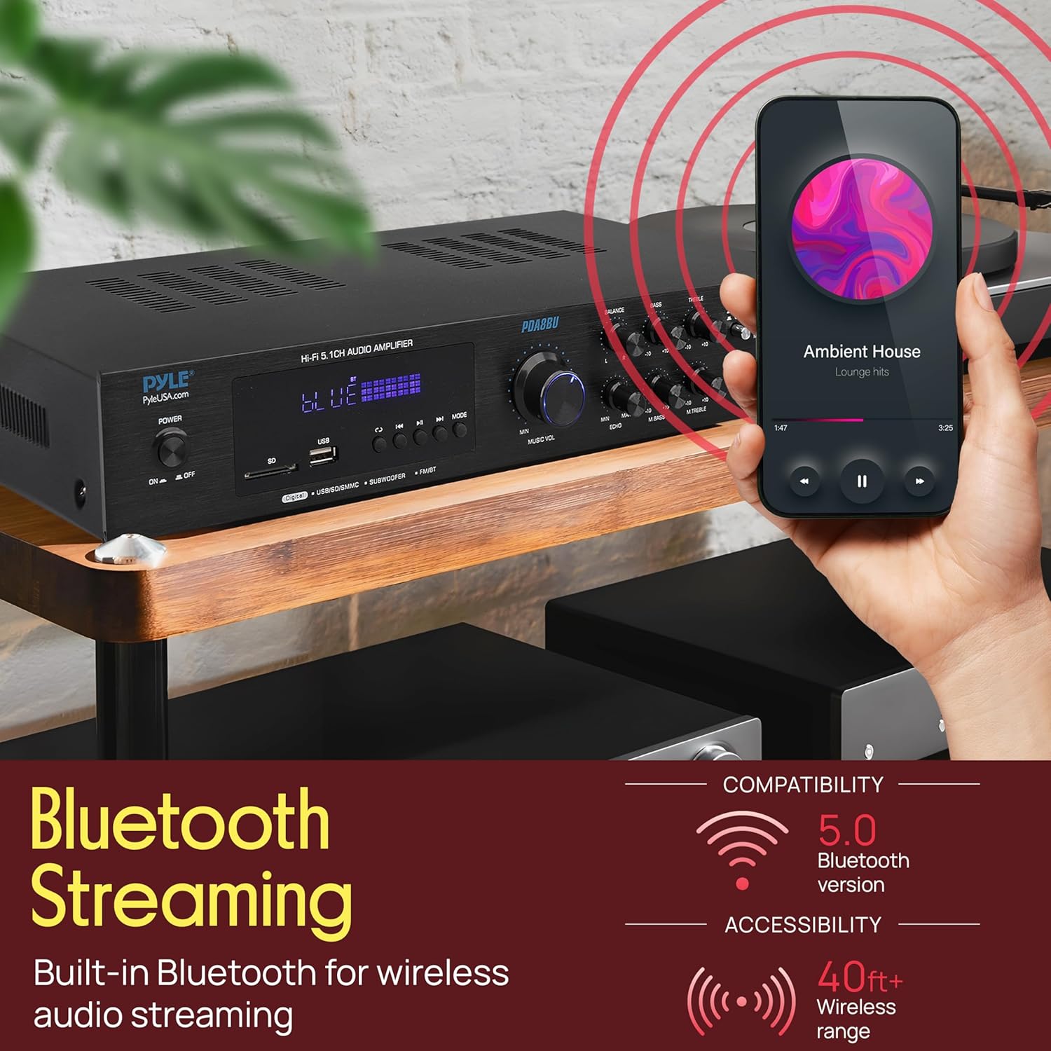 Pyle Bluetooth Audio Amplifier - Home Stereo Receiver with 5 Channels and Subwoofer Out - MP3/USB/SD - AUX - FM Radio - 2 Mic Inputs w/ Echo - VFD Display - Remote Control - PDA8BU