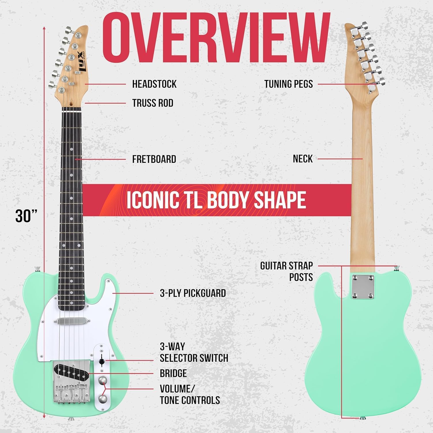 LyxPro 39” Electric Guitar Left Hand TL Series, Full-Size Paulownia Wood Body, 3-Ply Pickguard, C-Shape Neck, Ashtray Bridge - Amp 20 Watt Amplifier Built in Speaker Headphone Jack and Aux Inpu