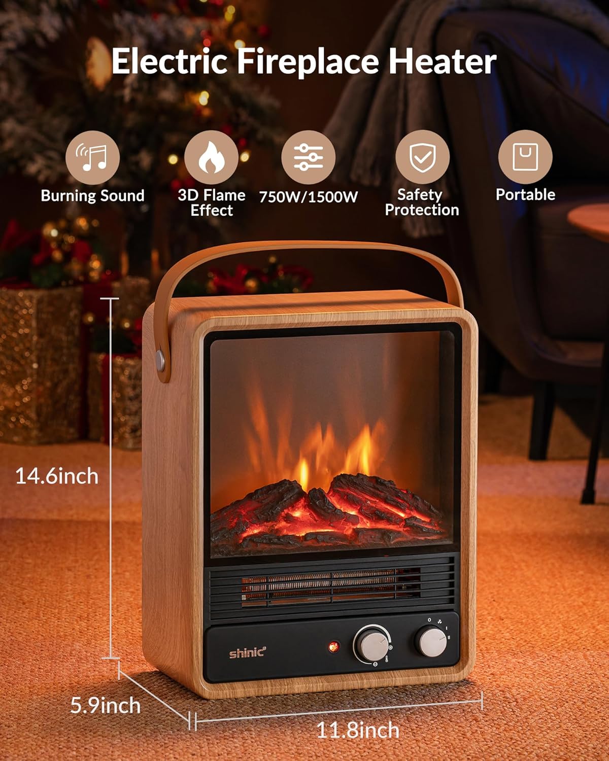 Shinic Electric Fireplace Heaters for Indoor Use,1500W Space Heater with Crackling Sound & 3D Realistic Flame, Safety Protection, Portable Fireplace Heater for Home Office Christmas Decoration, Oak