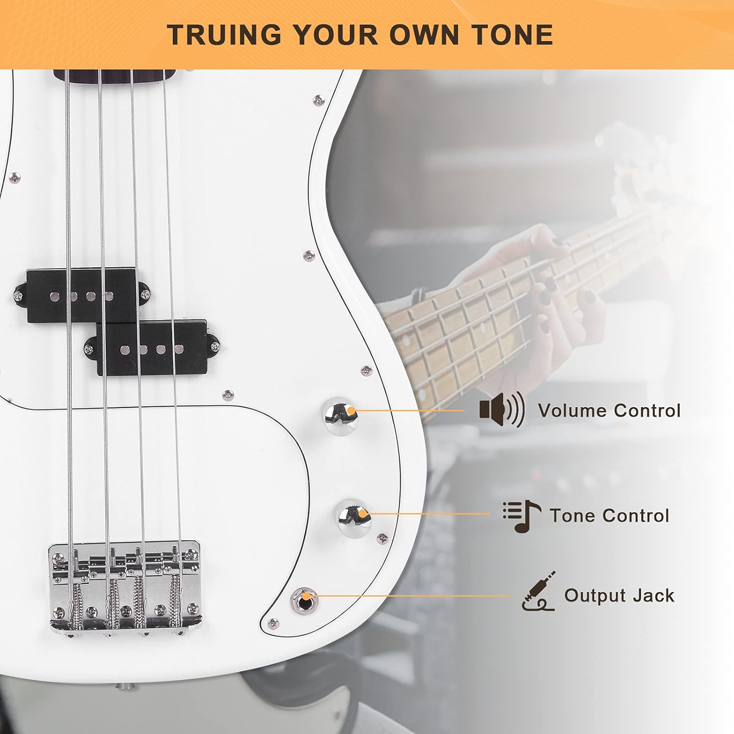 Glarry Electric Bass Guitar Full Size 4 String Rosewood Basswood Fire Style Exquisite Burning Bass (White)