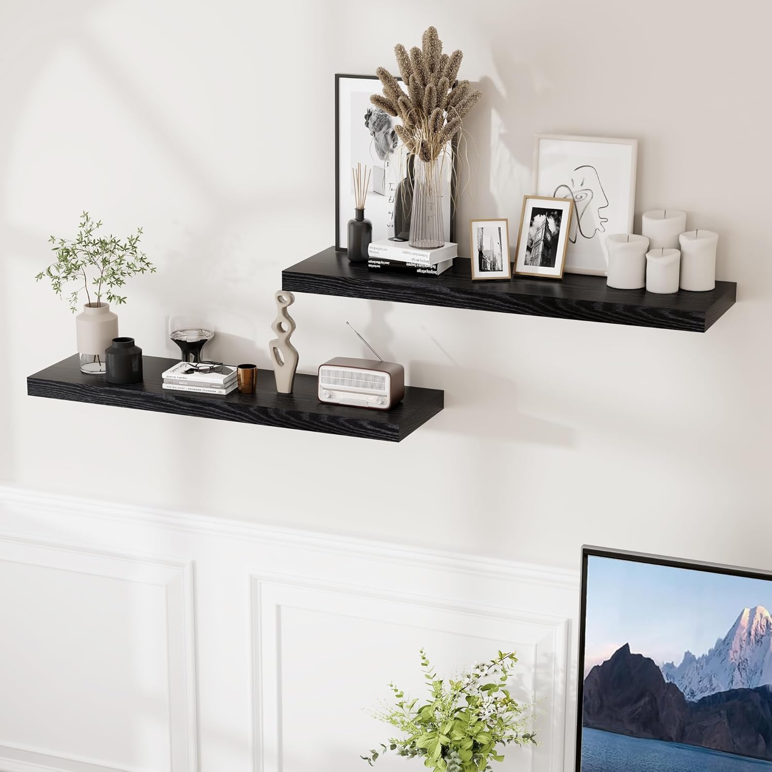 Fun Memories Floating Shelves for Wall, 36 x 9.3 Large Floating Shelf Wall Mounted Set of 2, Rustic Wood Shelves for Bathroom, Kitchen, Living, Heavy-Duty Storage Deep Shelf for Books, Decor, Black