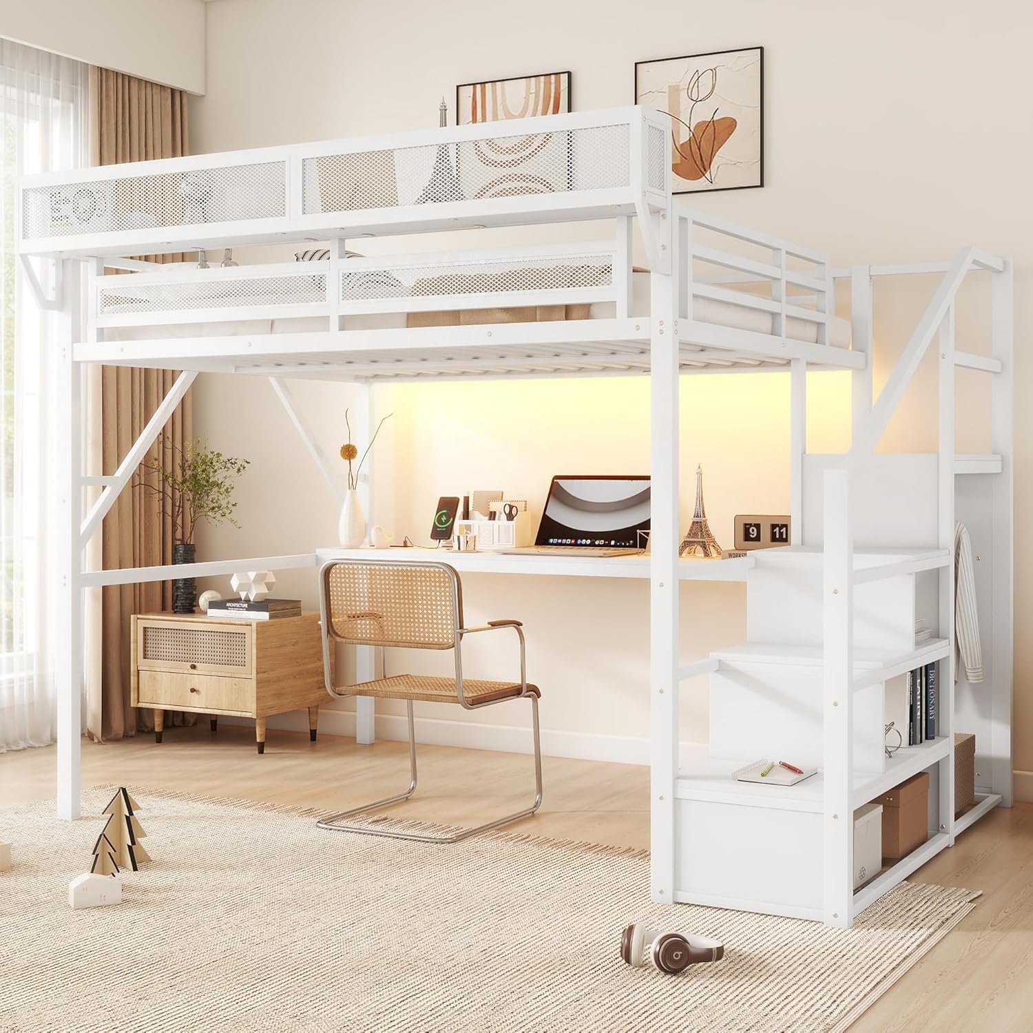 Queen Loft Bed with Desk and Charging Station, Queen Size Metal Loft Bed with Stairs and Light, Black, Patent Products (White)