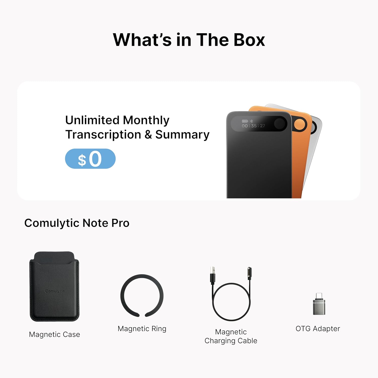 Comulytic Note Pro AI Voice Recorder, Unlimited Transcribe & Summarize, One Tap Recording Device with AI Note Taking, Support 113 Languages, 64GB, Audio Recorder for Calls, Meetings, Lectures, Silver