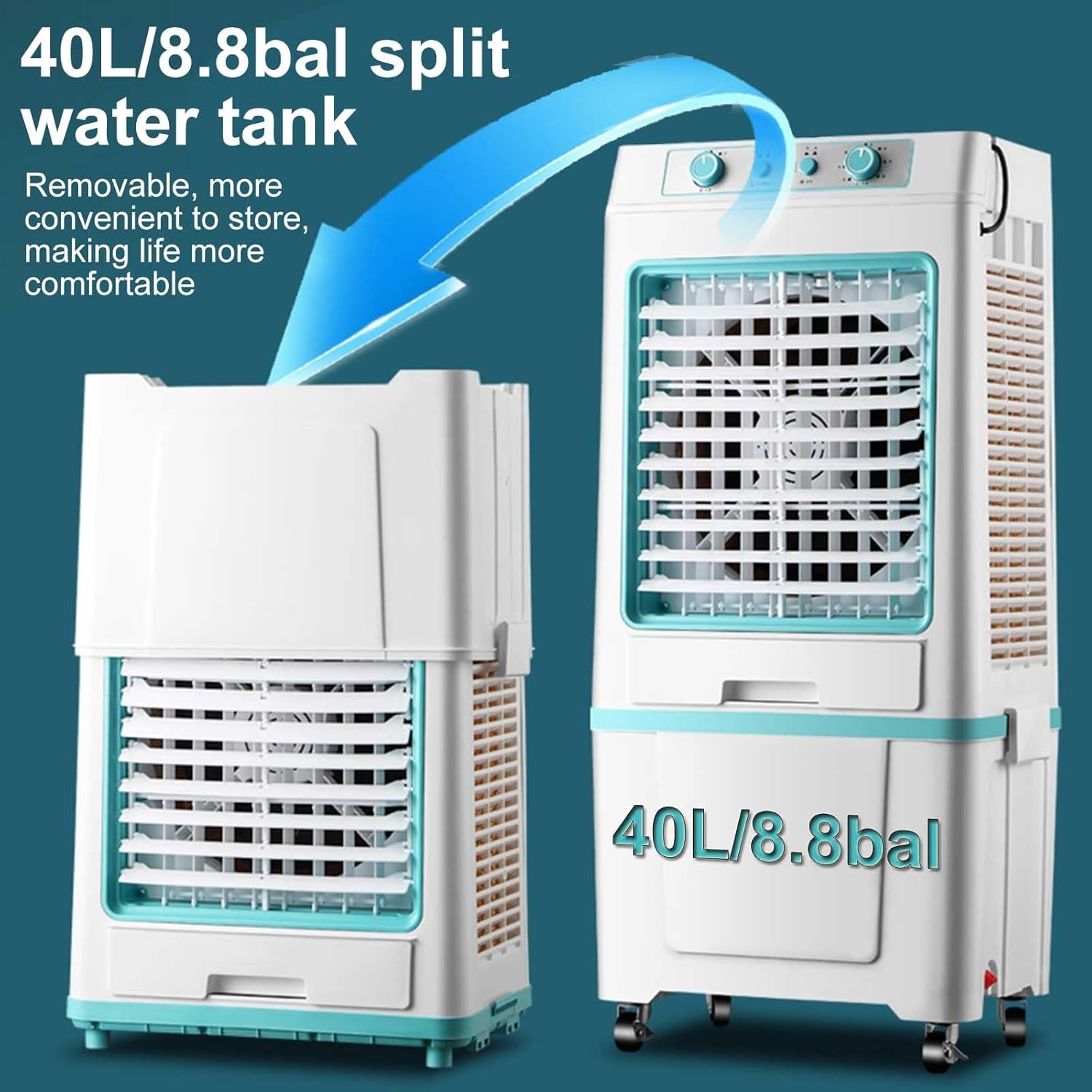 Portable Air Conditioners, Evaporative Air Cooler, Swamp Cooler with 40L/8.8 Gal Water Tank, 3-Speed Fan, 120°Oscillation, 2 Ice Packs, for Room Garage Patio(Blue)