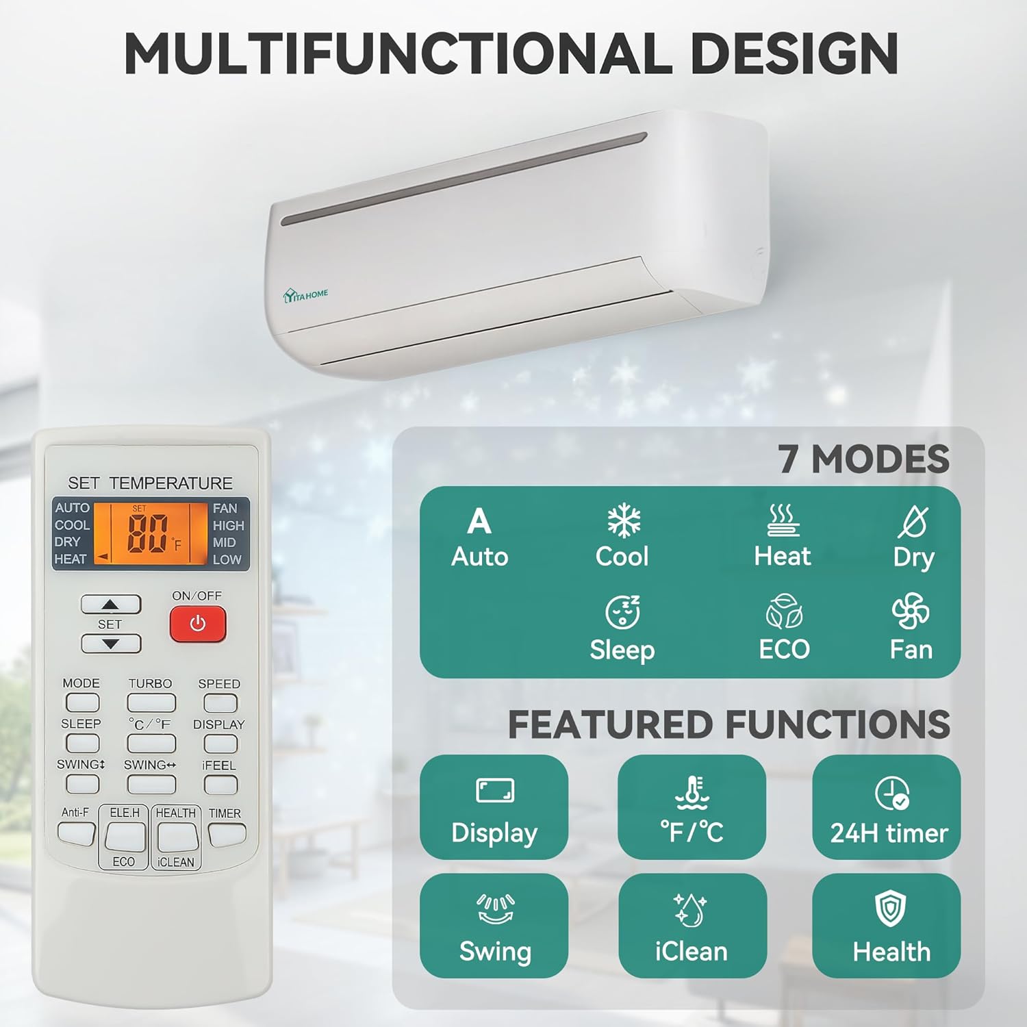 YITAHOME 9000 BTU Mini Split Air Conditioner Heat Pump System, 19 SEER2 115V Ductless Inverter System with Wi-Fi & Alexa Compatibility, Covers Up to 450 Sq. Ft, Complete Installation Kit Included