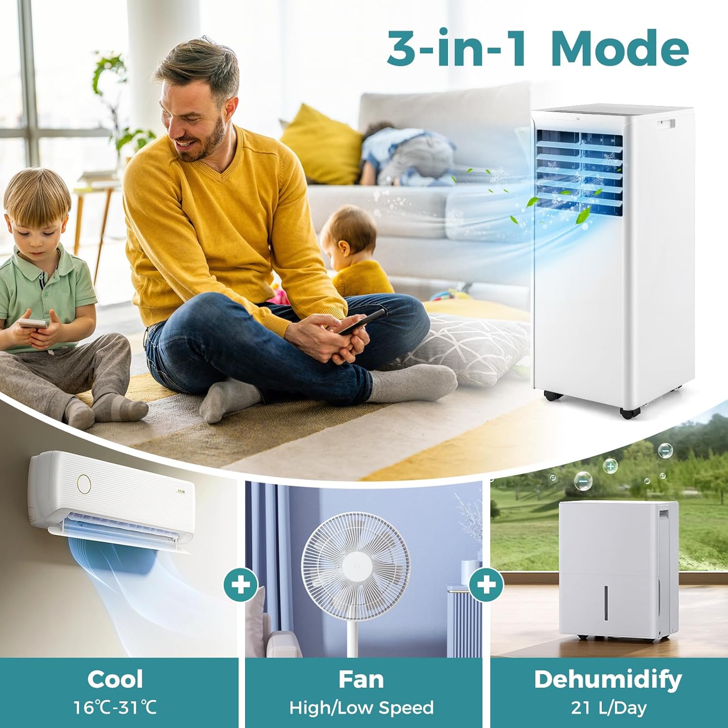 ARLIME 8000 BTU Portable Air Conditioner, 3-in-1 AC Unit with Dehumidifier & Fan, Sleep Mode & 24H Timer, Air Cooler w/Remote Control, Cools Up to 250 Sq.FT, Detachable Filter, Window Kit Included