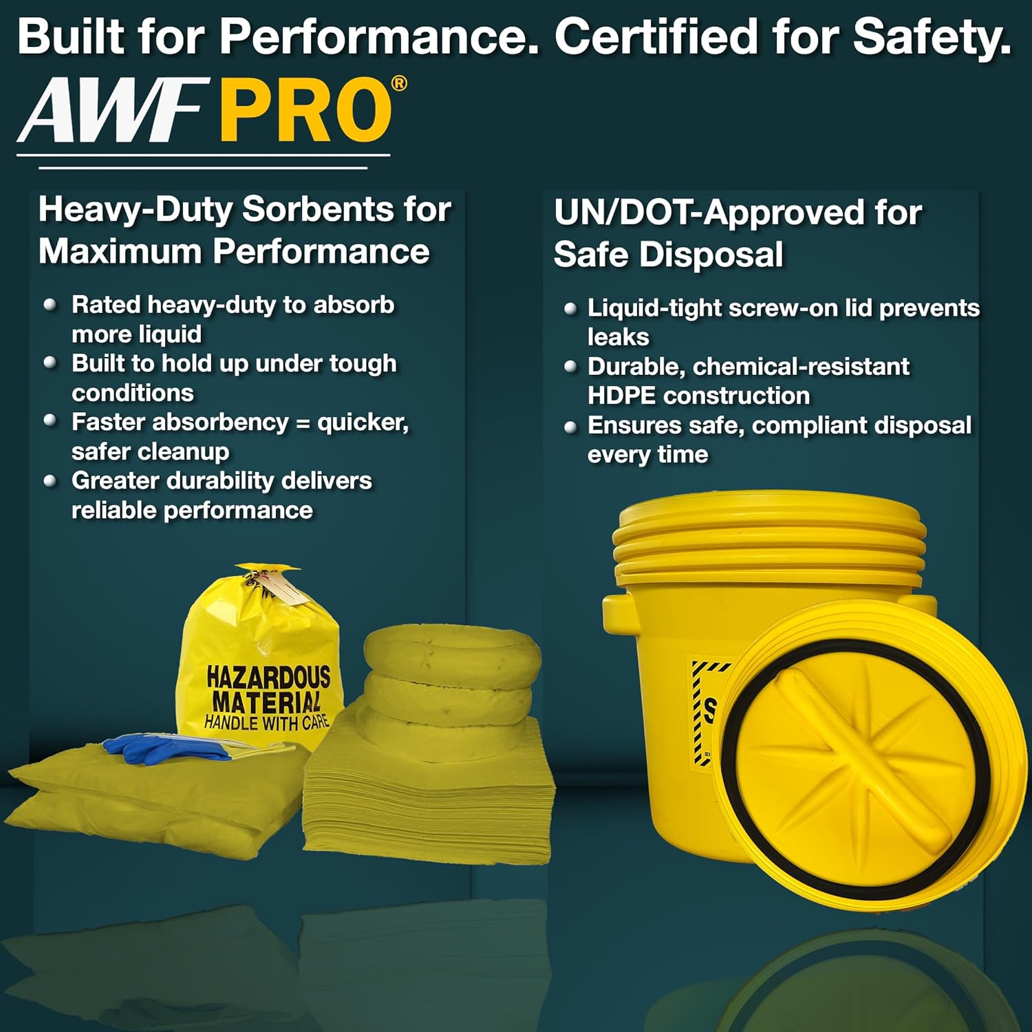 AWF PRO 20 Gallon Hazmat Spill Kit, 59 Pieces – 20 gal DOT Approved Drum, Socks, Pads & Pillows, & Accessories