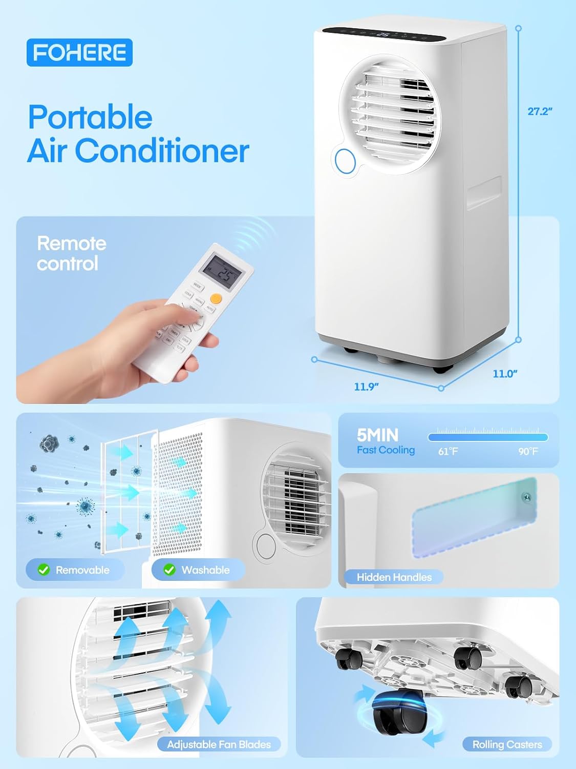 FOHERE 8000 BTU Portable Air Conditioner for Room and Heater up to 365 Sq.Ft, 5 IN 1 All Season AC Portable Air Conditioner with Remote Control and Window Kit Included, White