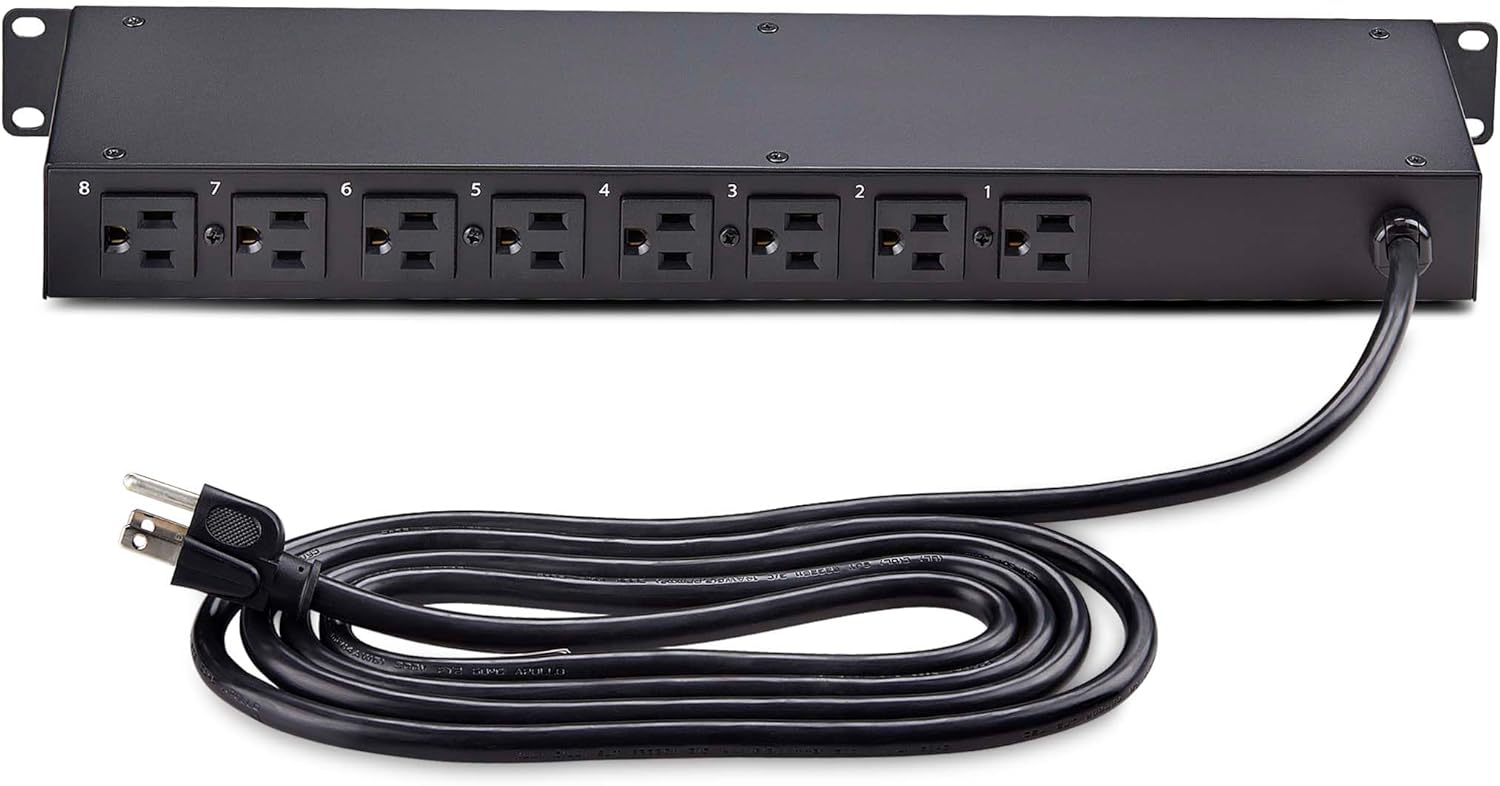 StarTech.com 8-Outlet Horizontal Rack Mount PDU, 1U Power Strip, Outlet On/Off Switches, 15A Breaker, 8ft/2.4m Cord NEMA 5-15, TAA