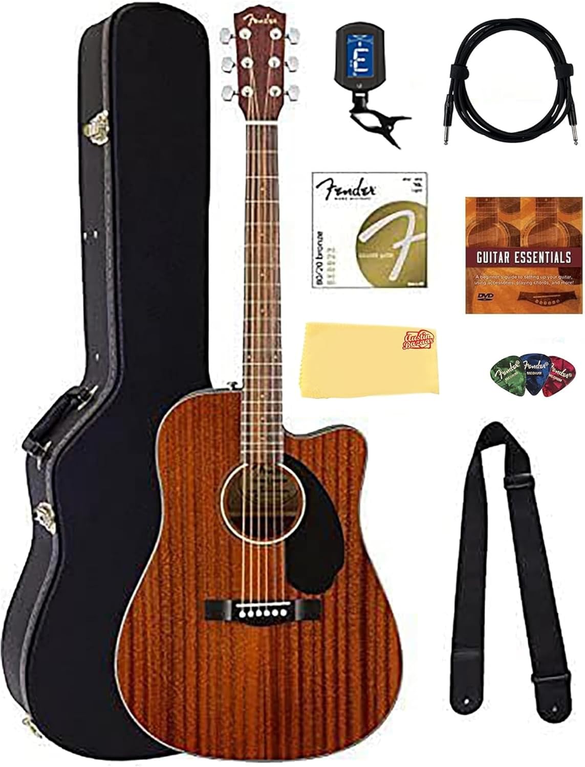 Fender CD-60SCE Solid Top Dreadnought Acoustic-Electric Guitar - All Mahogany Bundle with Hard Case, Tuner, Instrument Cable, Strap, Strings, Picks, Austin Bazaar Polishing Cloth and Instructional DVD