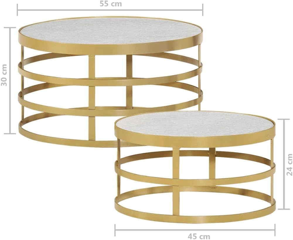 2 Piece Coffee Table Set Marble Brass and White, End Tables, Living Table, Center Tables for Living Room, Living Room Furniture for Office, Lounge, Cafe, Study, Bedroom