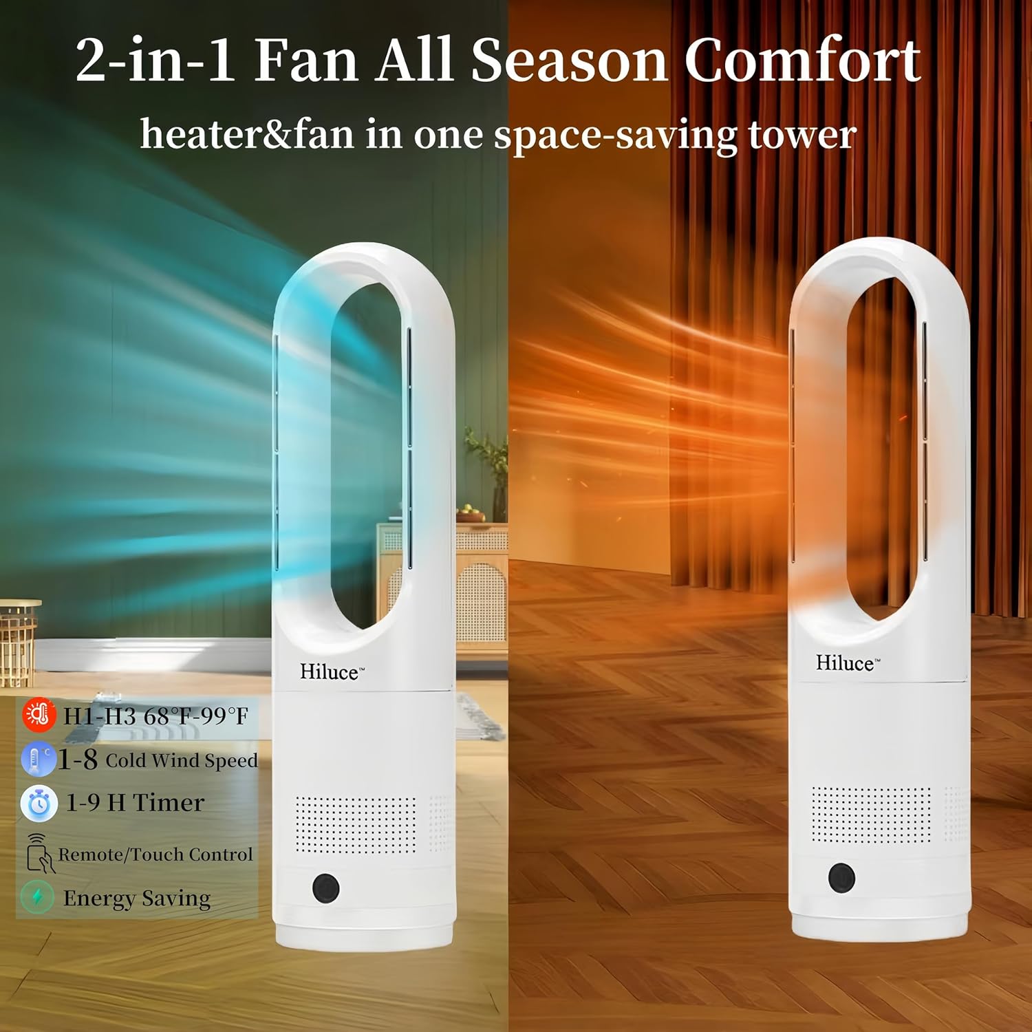 Hiluce All Season Bladeless Fan, 1400W Space Heater & 40W Tower Fan Combo with Remote,25dB Quiet Heater Fan Combo for Indoor Use,Tip Over and Overheat Protection 80°Oscillation,8Levels, 9H Timer,22