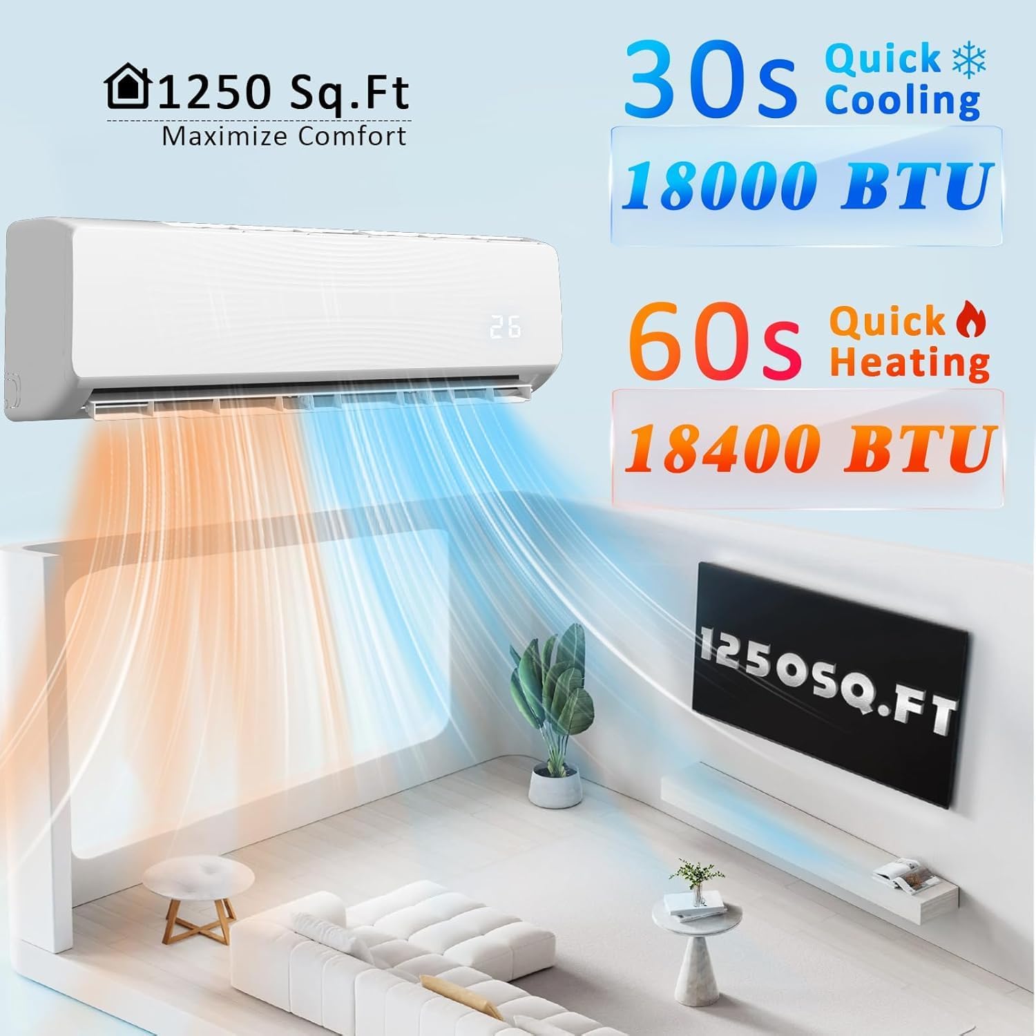 18000 BTU Mini Split Air Conditioner & Heater, 19 SEER2 230V Inverter Ductless Wall-Mounted AC Split Unit with Pre-Charged Condenser Cools Room Up to 1250 Sq.Ft, Heat Pump & Installation Kits