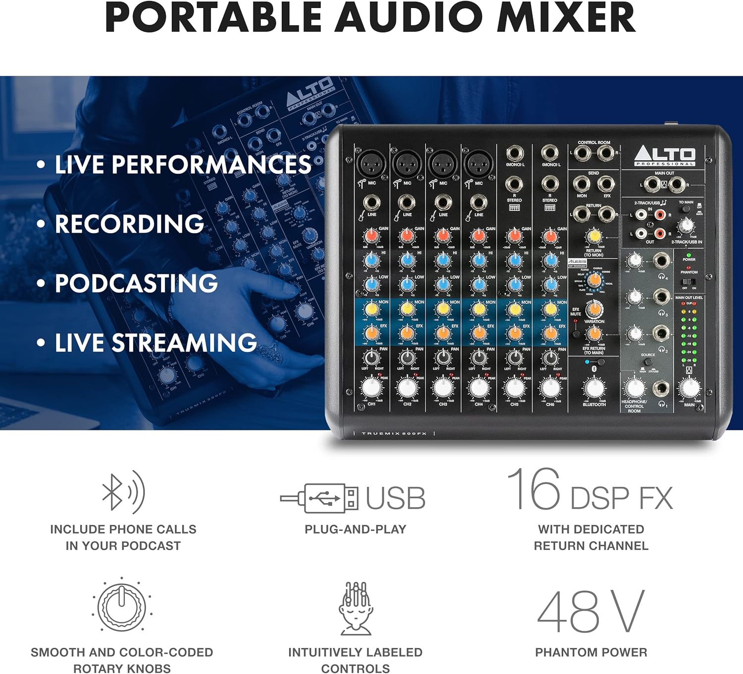 ALTO TrueMix 800FX audio Mixer with 4 XLR Mic Ins, USB Audio Interface and Bluetooth for Podcasting, Live Performance, Recording, DJ, Mac and PC
