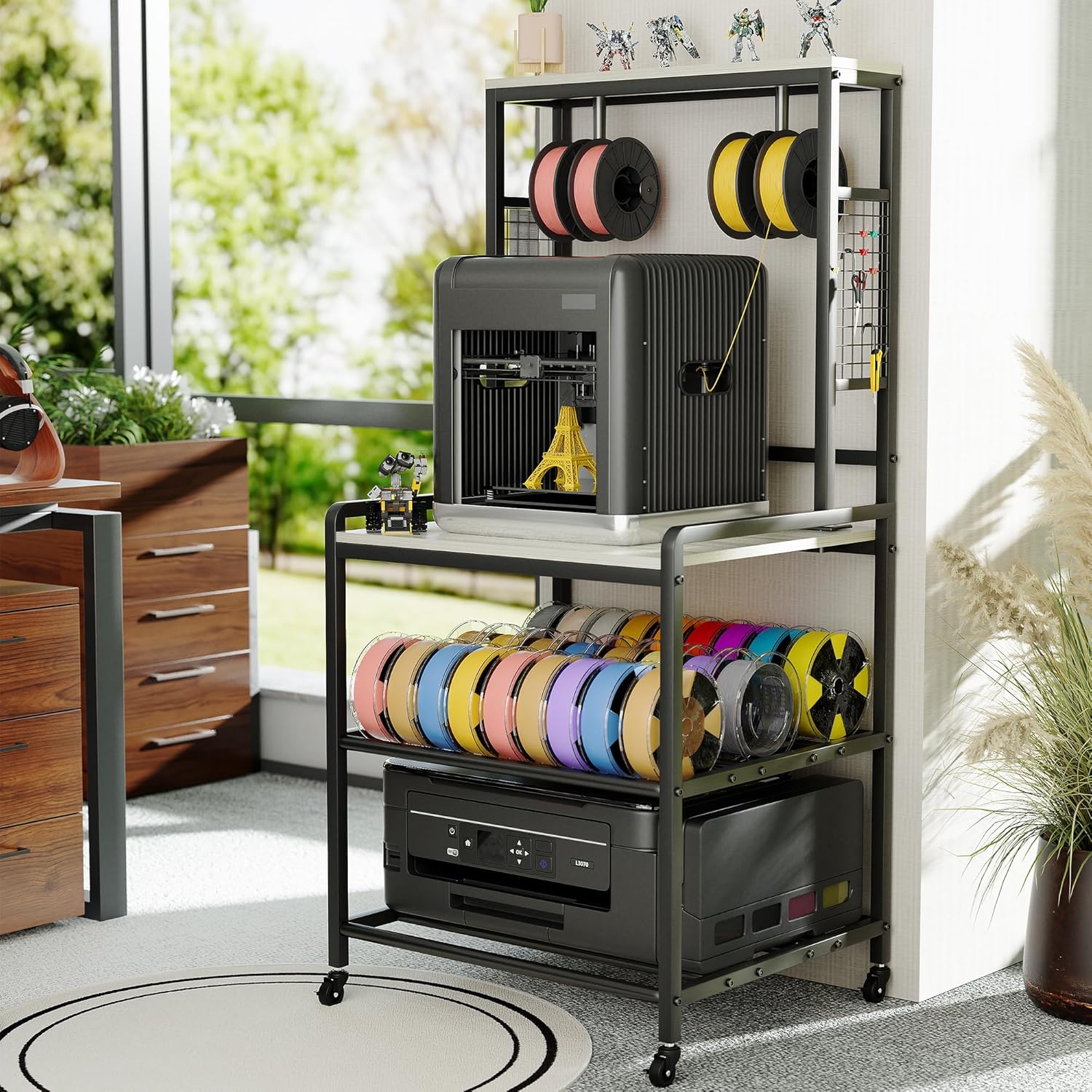 3D Printer Stand with Filament Storage, Heavy Duty 3D Printer Table with Charging Station, Rolling Printer Cart Filament Storage Rack for PLA, ABS, PETG for Workshop/Office/Garage (Gray)