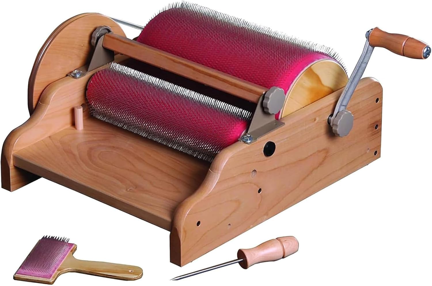 Hand-Cranked Wool Carding Machine, DIY Manual Wool Felt Machine with Cleaning Brush and Awl, Adjustable Roller Gap & Tooth Pitch, Drum Diameter 315mm for Wool Fiber, Mix Colors