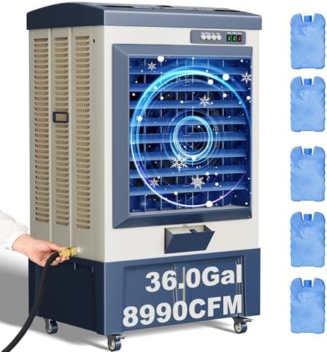 Swamp Cooler, 8990CFM Evaporative Air Coolers with 36 Gal Tank, Windowless Air Conditioner 3 Speeds for Outdoor Use, 58 Inch Air Cooler Water Fan for Patio, Garage, Shop, Commercial Grey