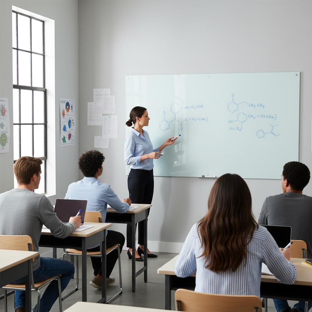 Glass Dry Erase Board - Magnetic Whiteboard with Frameless Mounting, Premium Tempered Glass Surface & Accessory Tray - Perfect for Office, Classroom, or Home (60