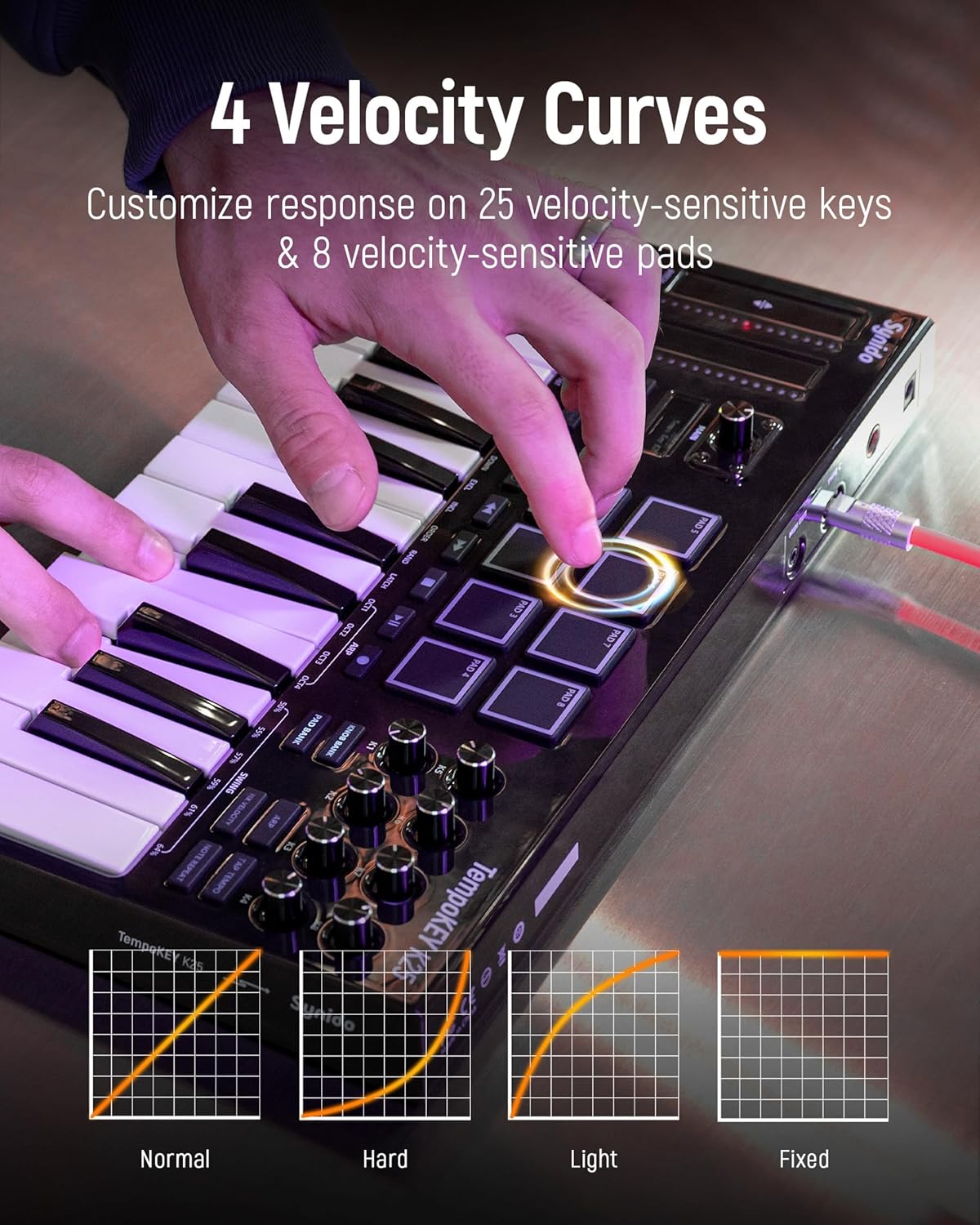 Synido USB C MIDI Keyboard Controller 25 Keys with 8 Backlit Drum Pads, OLED Screen, Compact Mini MIDI Controller for Music Production – Black, TempoKEY K25