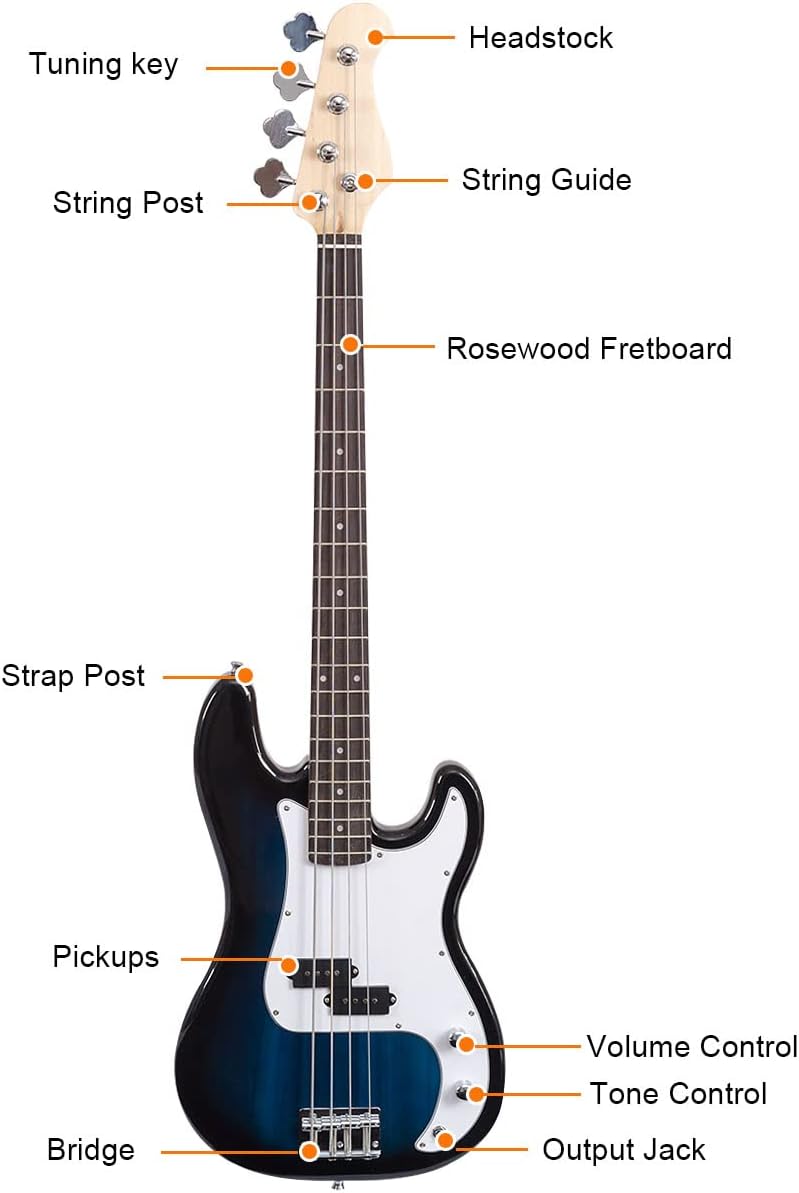 Goplus Electric Bass Guitar, Full Size 4 string with Strap Guiter Kit/w Carrying Bag, 2 Pickup, Perfect Bass for Beginners (Blue Bass 4 Straps)